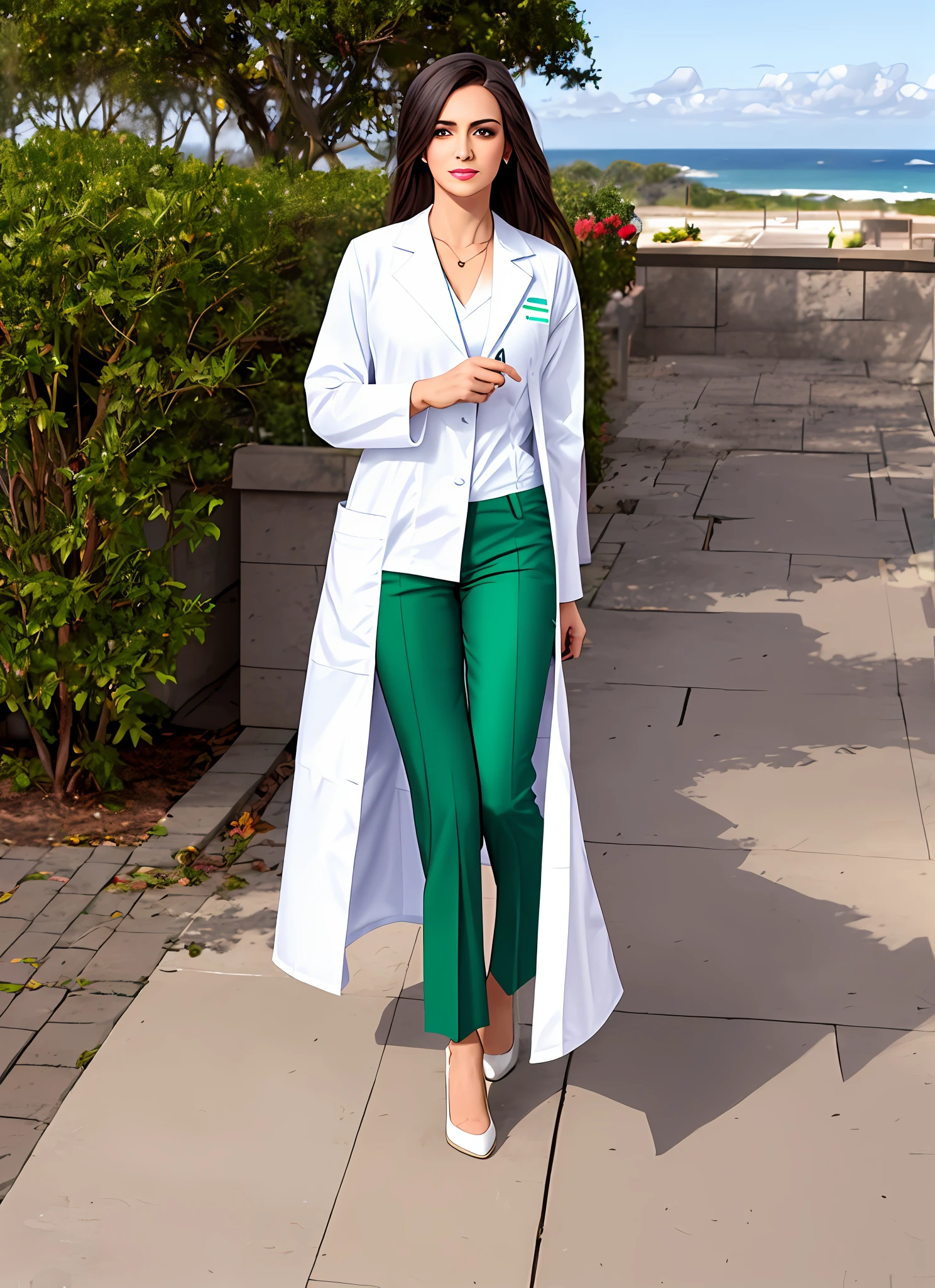 mulher bonita 1girl, 30 anos de idade, (white scenario), encaixar, up to, wearing white lab coat and green blouse with green pants, usando sapatos pretos, Enfermeira, do tanque, alto detalhe, 8k