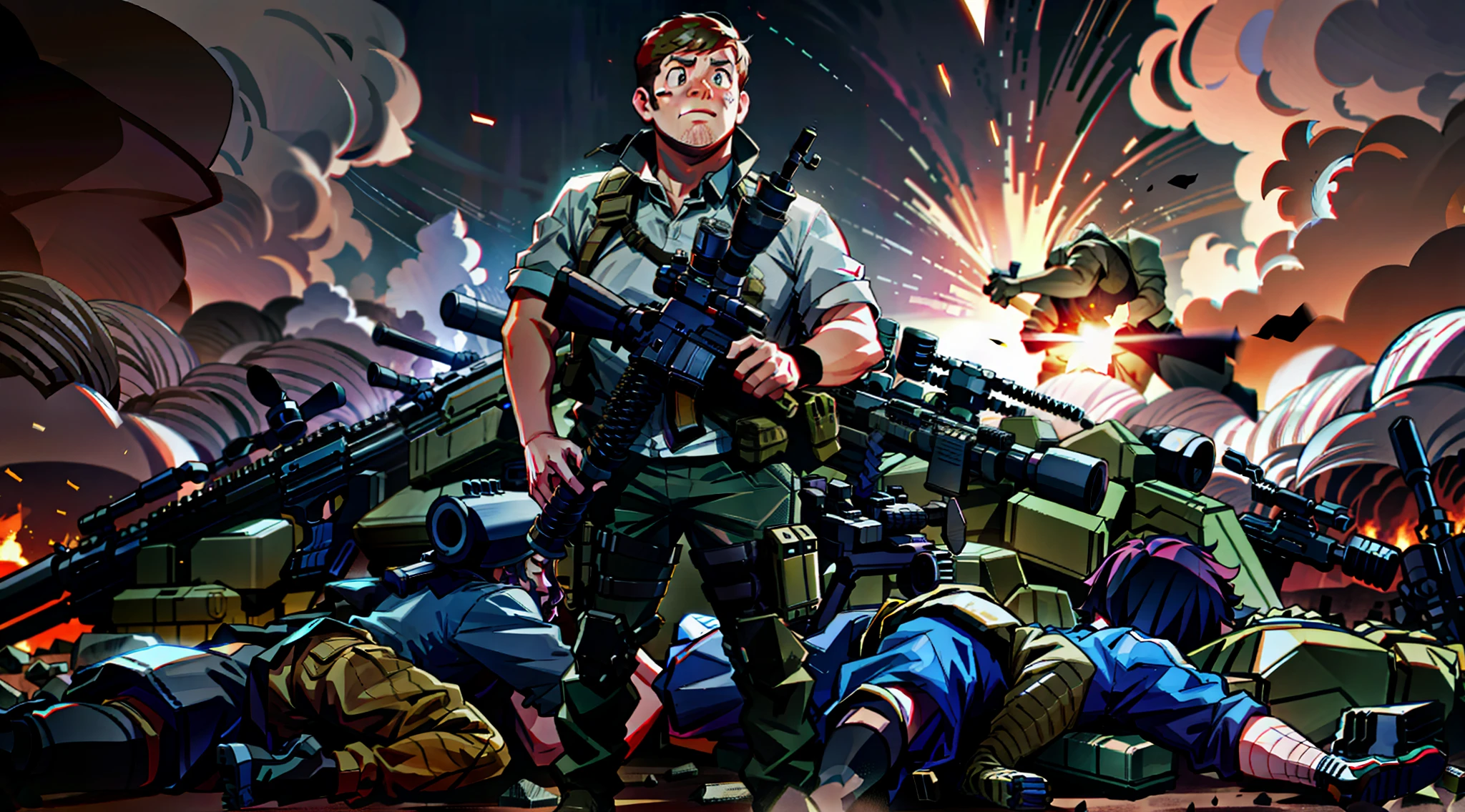 (James Corden:1.2) standing on a pile of (human bodies) in a (battlefield) with a (M4 rifle) in hand, cinematic lighting