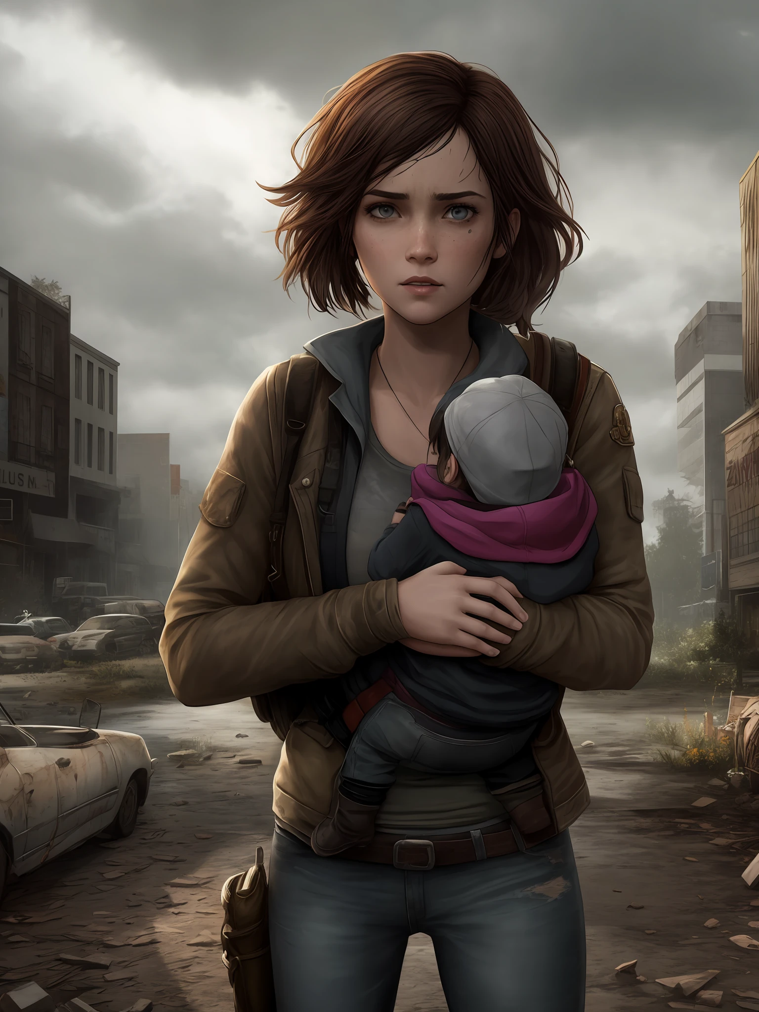 Imagine uma capa para o livro "Fim", A Story of Survival in the Zombie Apocalypse. A capa apresenta um fundo escuro e opressivo, with threatening clouds. No centro da capa, Destaques Vick, a protagonista corajosa, , Holding the baby in your arms, Ellie Face The Last of Us Game. She's in a pose of determination, with the gaze reflecting courage and resilience. Ao redor de Vick, sombras sinistras de zumbis se destacam, conveying the constant threat she faces. The title "Fim" aparece em letras marcantes e impactantes, talvez com um efeito de textura ou sombreamento. detalhes sutis, as rubble or a symbol representative of the plot, can be added to accentuate the post-apocalyptic mood.