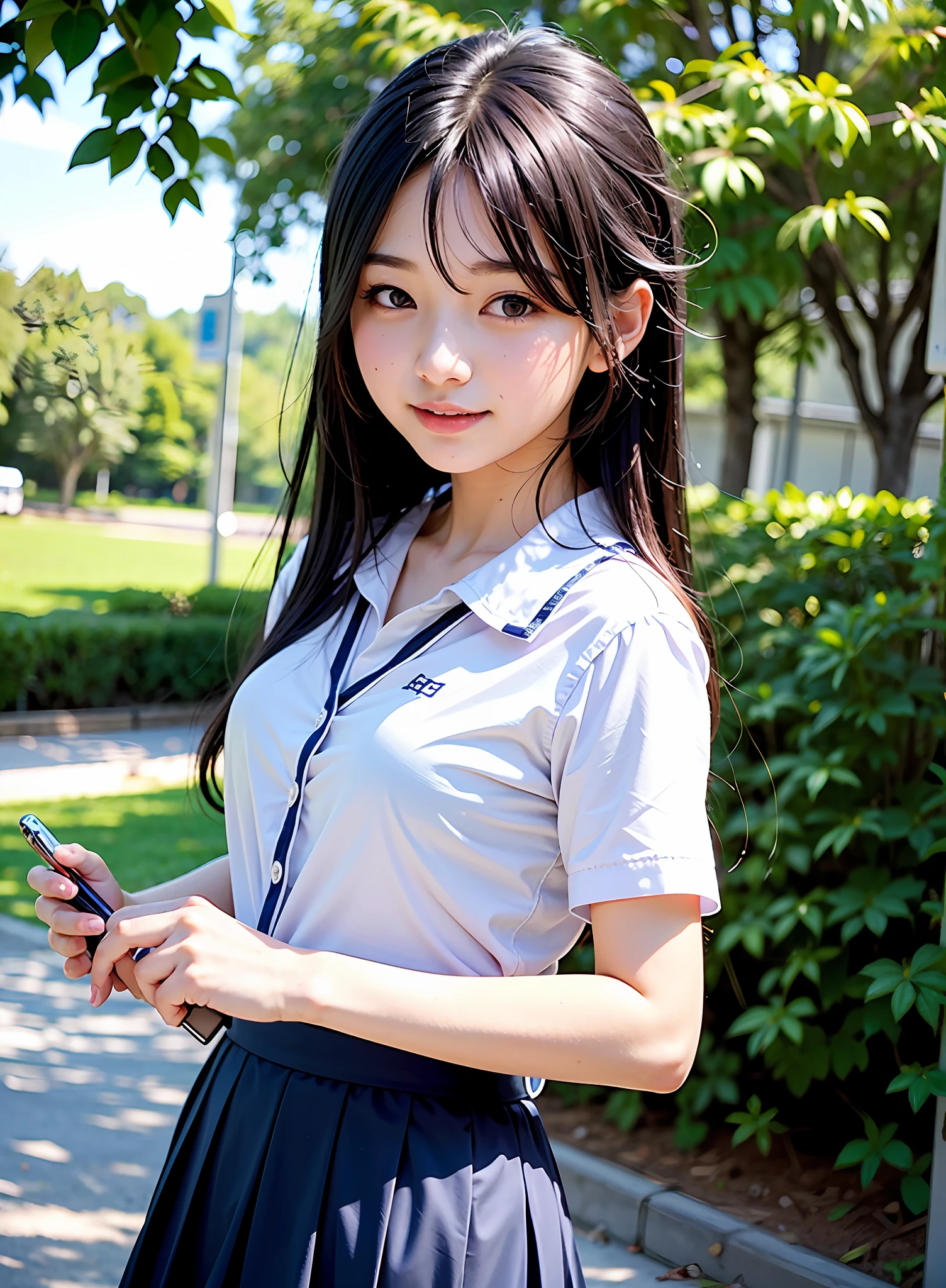 8K、Top image quality、masterpiece、夏天、(She closed only her right eye:1.5)、Japanese high school girl、On the way to school、Summer Uniforms、shortsleeves、Knee-length skirt、Enjoy conversations with friends