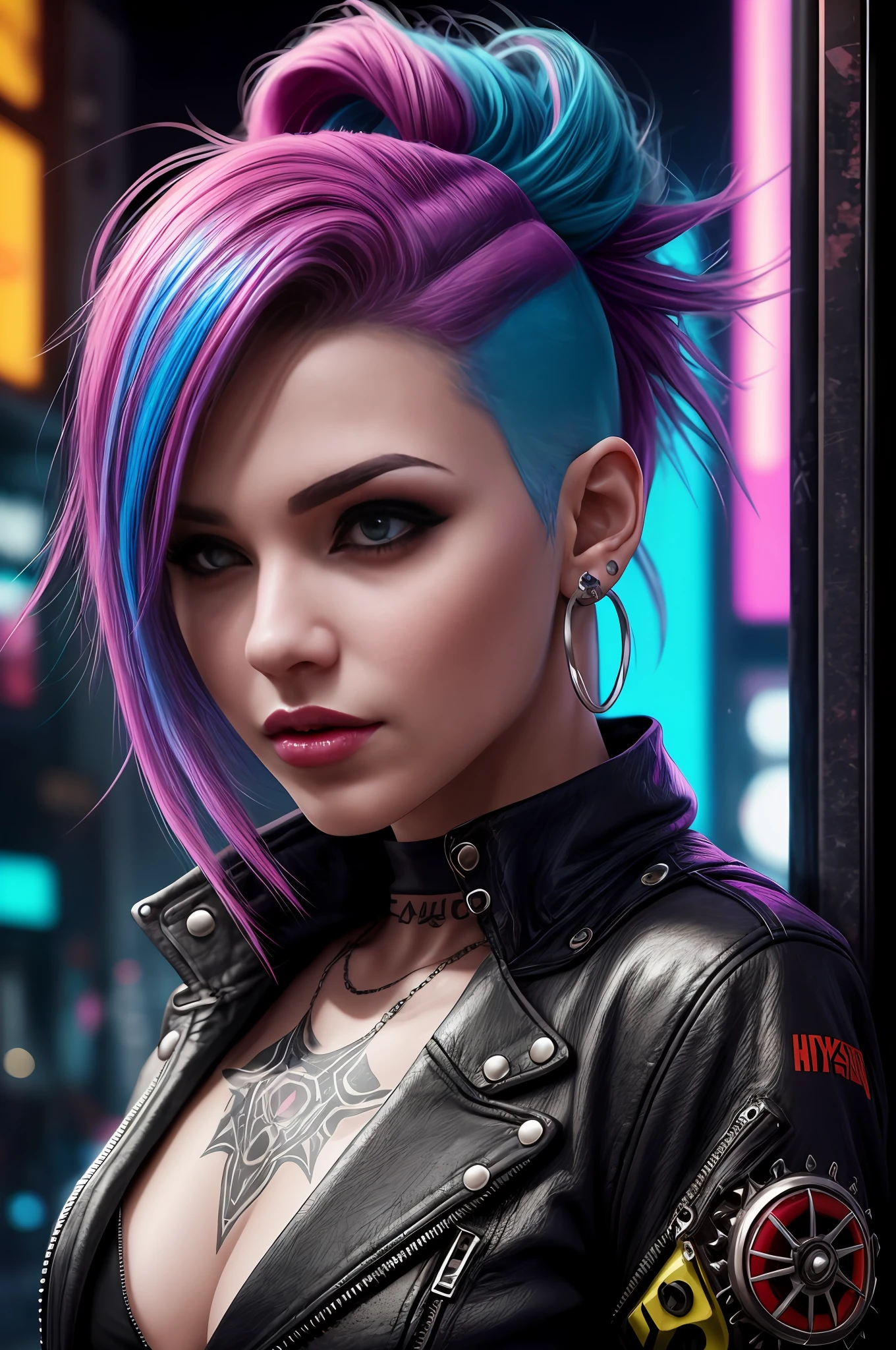 arafed woman with colorful hair and piercings posing for a picture, punk art inspired by Ryan Barger, trending on Artstation, digital art, hyper realistic punk style, the punk girl portrait, beautiful punk girl face, cyberpunk style, hyper realistic, cyberpunk style color, cyberpunk art ultra realistic 8k, beautiful punk woman model, cyberpunk bright colors