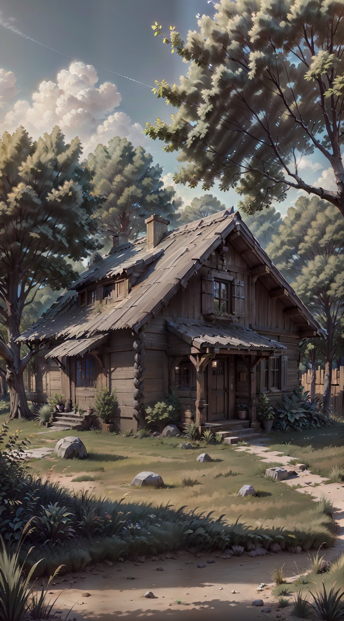 Obra-prima, impeccable quality, casas de madeira, Ultra HD resolution (8k), soft-lighting, alta qualidade, grain of film. Fundo da cena: um campo, trees and the sun.