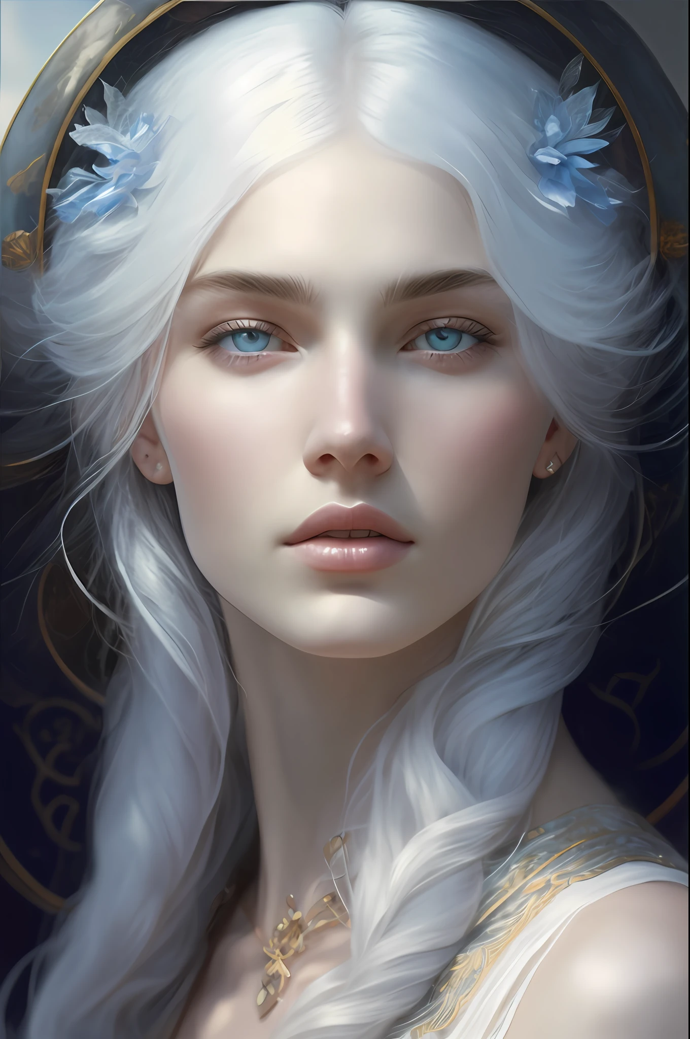 extremely white and pale skin, cold and intimidating look, kleine Nase, young woman, beautiful, perfekt, blaue Augen, markierter Kiefer, extremely beautiful, Perfektes Gesicht, Unrealistic beauty, Infinite beauty,8K, ultra realistisch, extrem detailliert, portrait, fotorealistisch, surrealistisch, Goddess of Beauty
