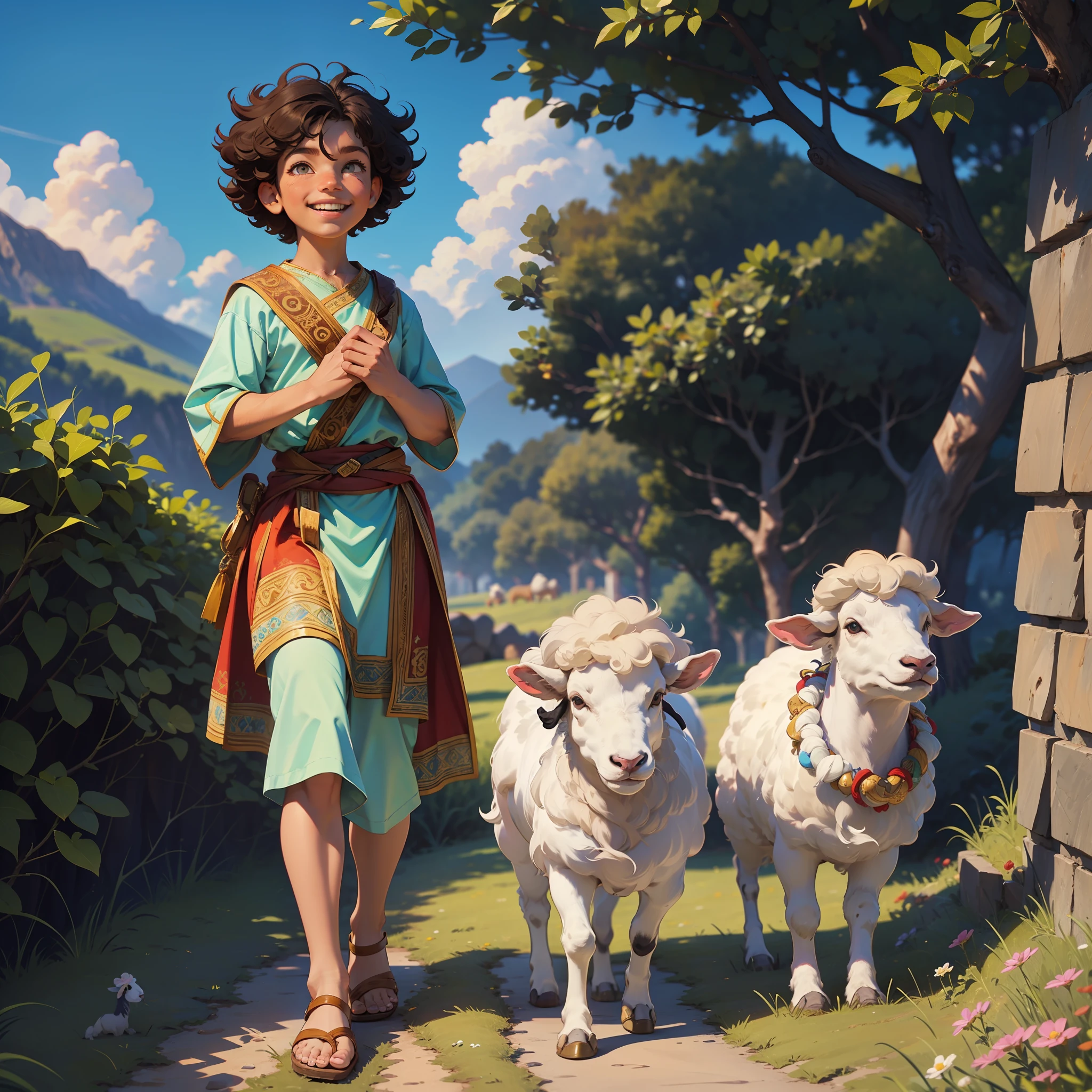 Scene of David herding his sheep on the green hill, with the blue sky in the background. Davi is a little boy with curly brown hair, bright eyes and a captivating smile. He wears a simple shepherd's tunic and sandals. David is surrounded by the sheep who follow him with confidence and joy.