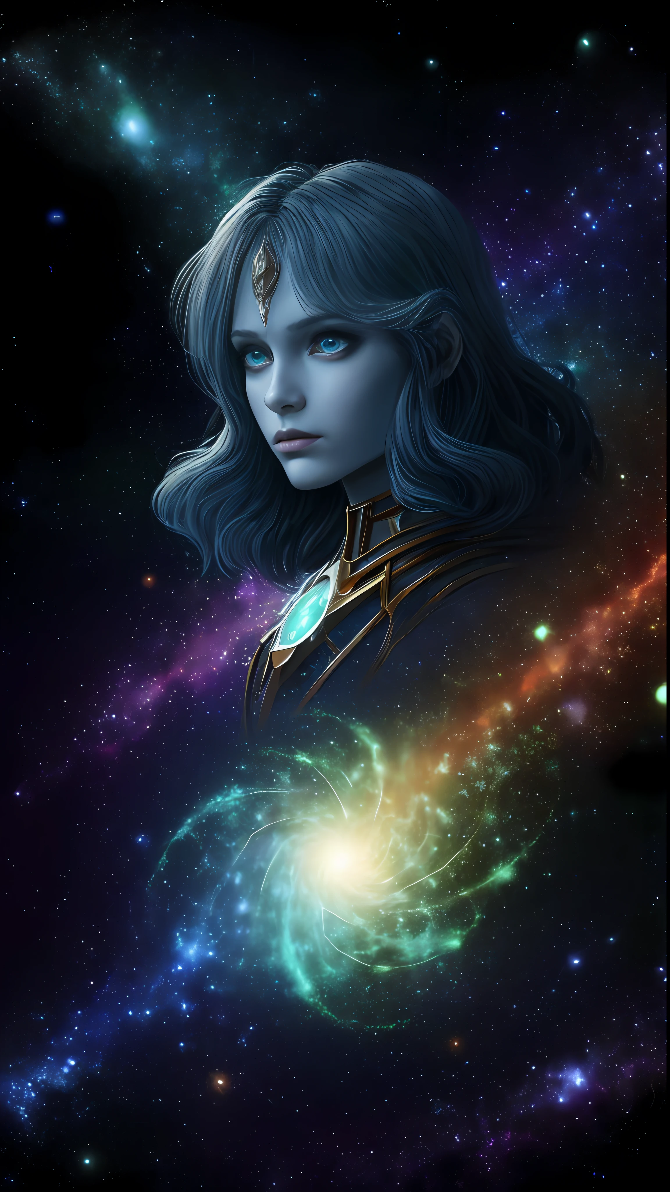 (inked original-art:1.2), (lineart:1.31), (fine-details:1.3), RAW-format, (movement:1.4), 1 girl, adult (elven:0.7) woman, blue eyes, black prom hairstyle, solo, half shot, looking at viewer, detailed background, detailed face, (TerranAI, starcraft theme:1.1) (glowing eyes:1.05), living star constellation, star sign, horoscope, at peace, benign, aries, esoteric geometric patterns, interstellar power, stars, bright light green lights, glow, metaphysics, enlightenment, floating particles, cosmic dust, cosmic space background, dreamlike ethereal atmosphere,in OliDisco style, --metropolis_e