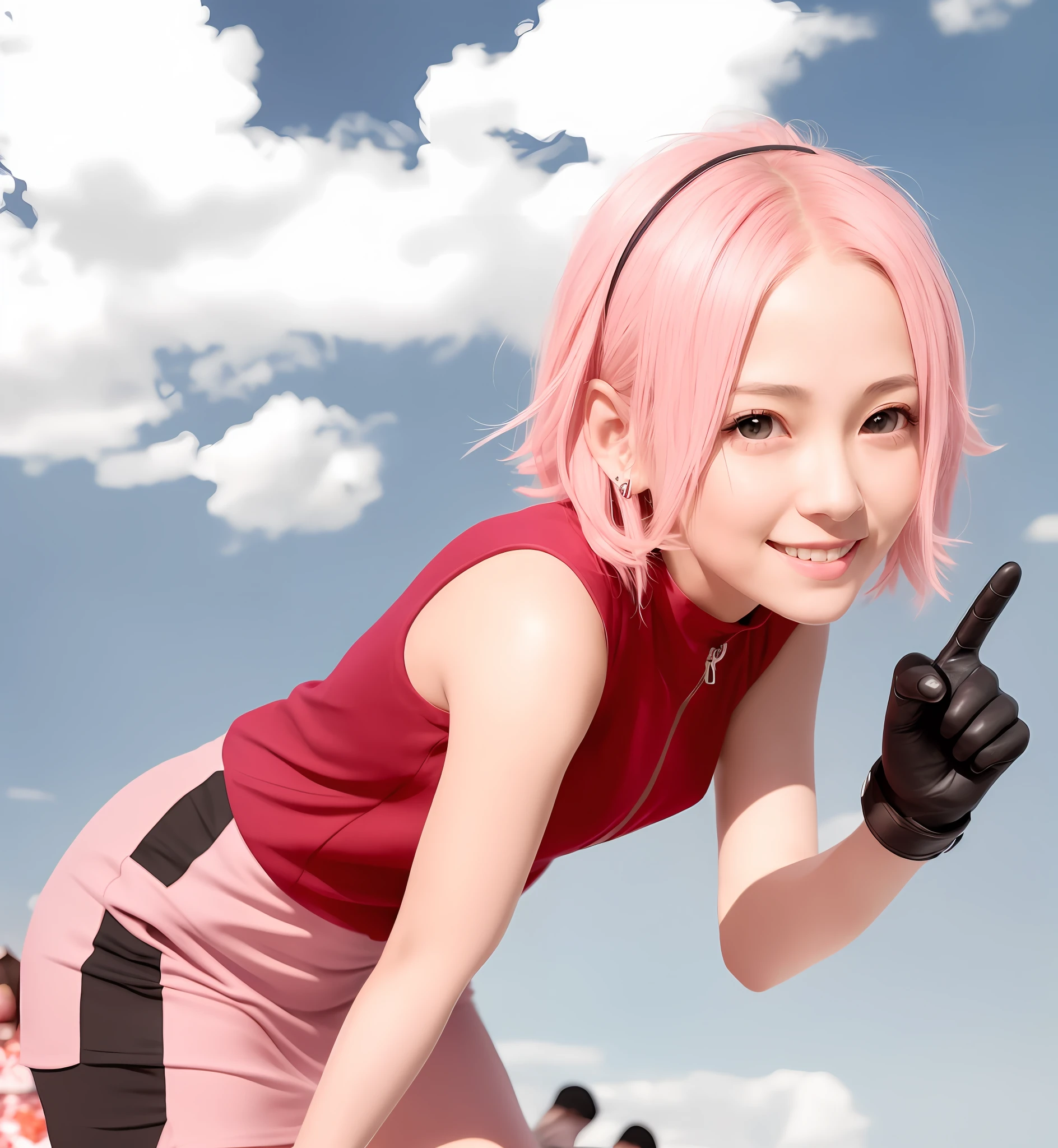 anime girl with pink hair pointing at something in the sky, haruno sakura, sakura haruno, sakura haruno in slug sage mode, from naruto, yayoi kasuma, pink iconic character, best anime character design, sakura kinomoto, sakimi chan, kunoichi, megumu okada, anime best girl, super realistic, (photorealistic:1.4),(masterpiece:1.3),(best quality:1.4),ultra high res,(detailed eyes),(detailed facial features),(detailed clothes features),HDR,8k resolution, solo focus, bangs, skin tight, (shiny skin),(slender girl),dreamlike, (extreme detailed illustration), 1girl, full body, cute, innocent, (smile),