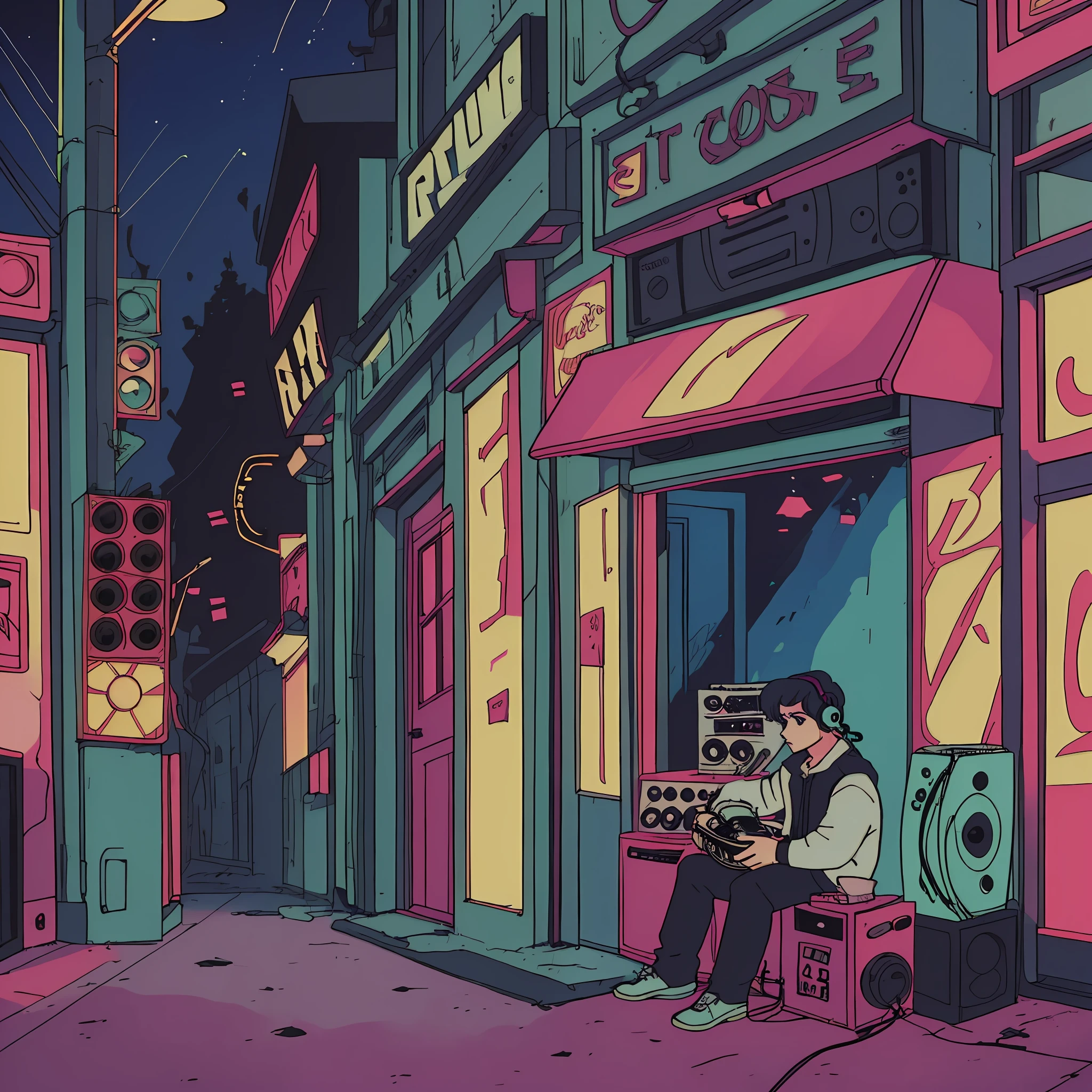 Shot of a man listening to music with headphone, text Why You, super detail, retro wave, cyberpunk, sad vibe, night light through the window, night vibes, a room, 2D, (longshot), wideshot, (film noise), old cartoon, (lots of records:1.3), vinyl record shop, (masterpiece, highest quality, highest quality, official art, beautiful and aesthetic: 1.2), (very detailed, (fractal art: 1.4), guitar, (notes: 1.4), ( lo-fi hip-hop), side view, old anime texture, solo, loudspeaker, cyberpunk, vinyl, night