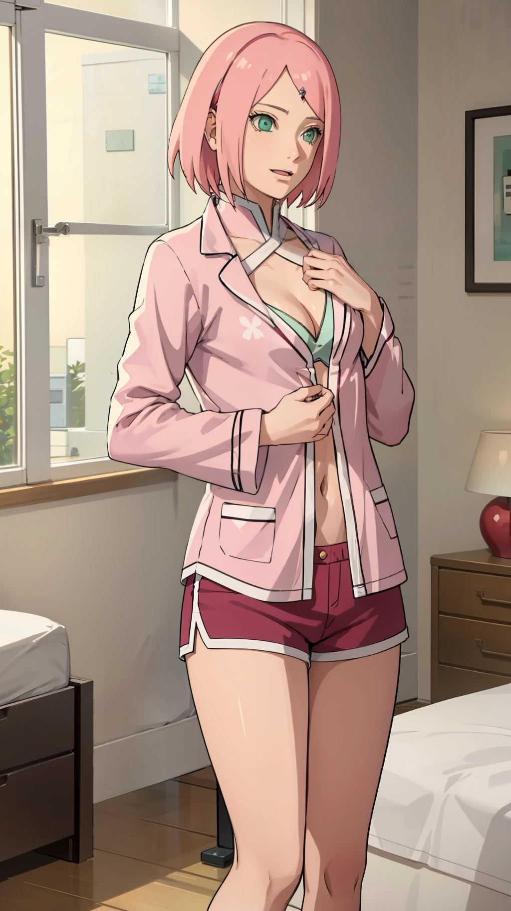Haruno sakura, short hair, medium breast, cleavage, navel, slim legs, pink hair, happy, pajamas, standing, bedroom, shorts