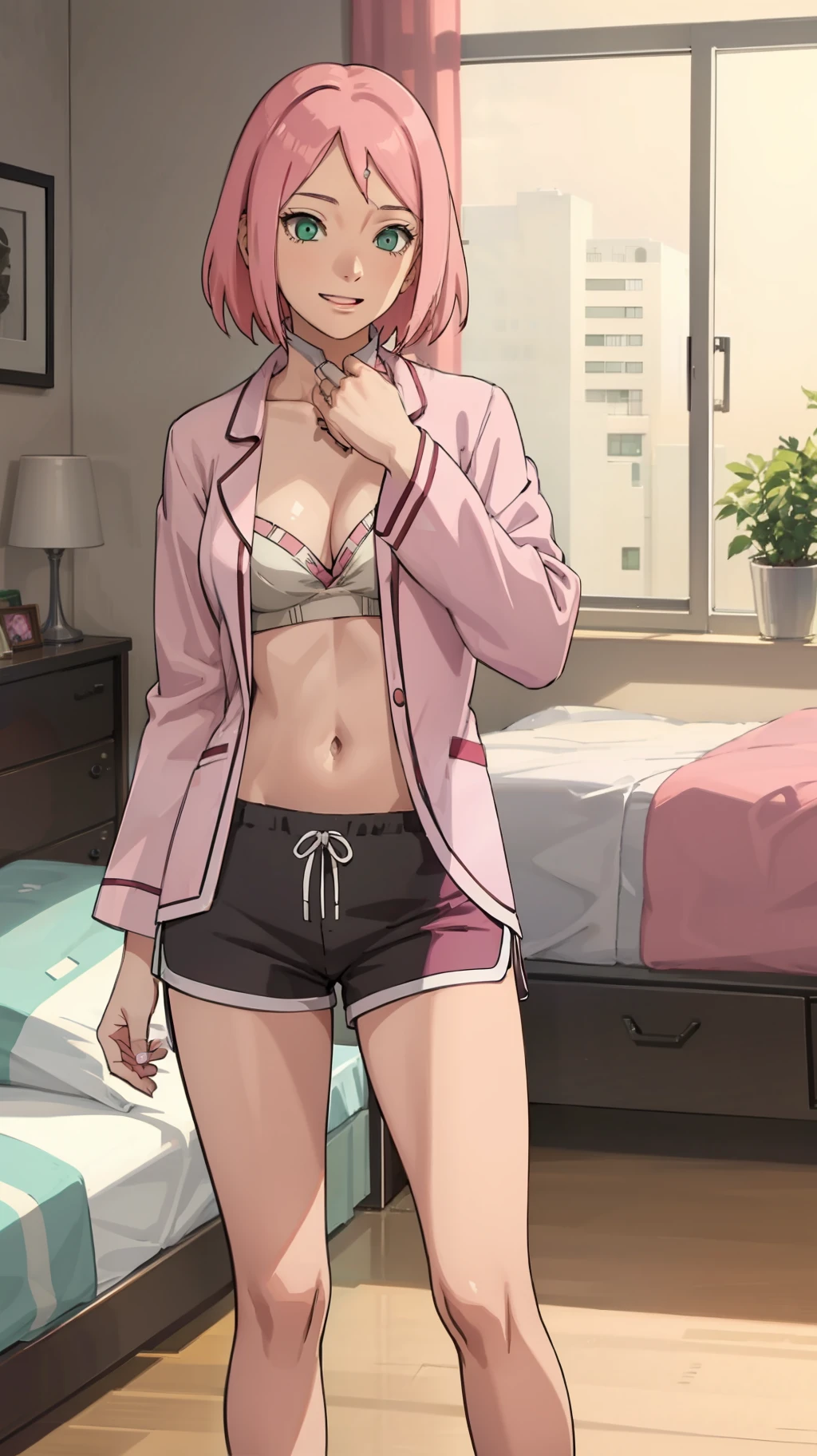 Haruno sakura, short hair, medium breast, cleavage, navel, slim legs, pink hair, happy, pajamas, standing, bedroom, shorts