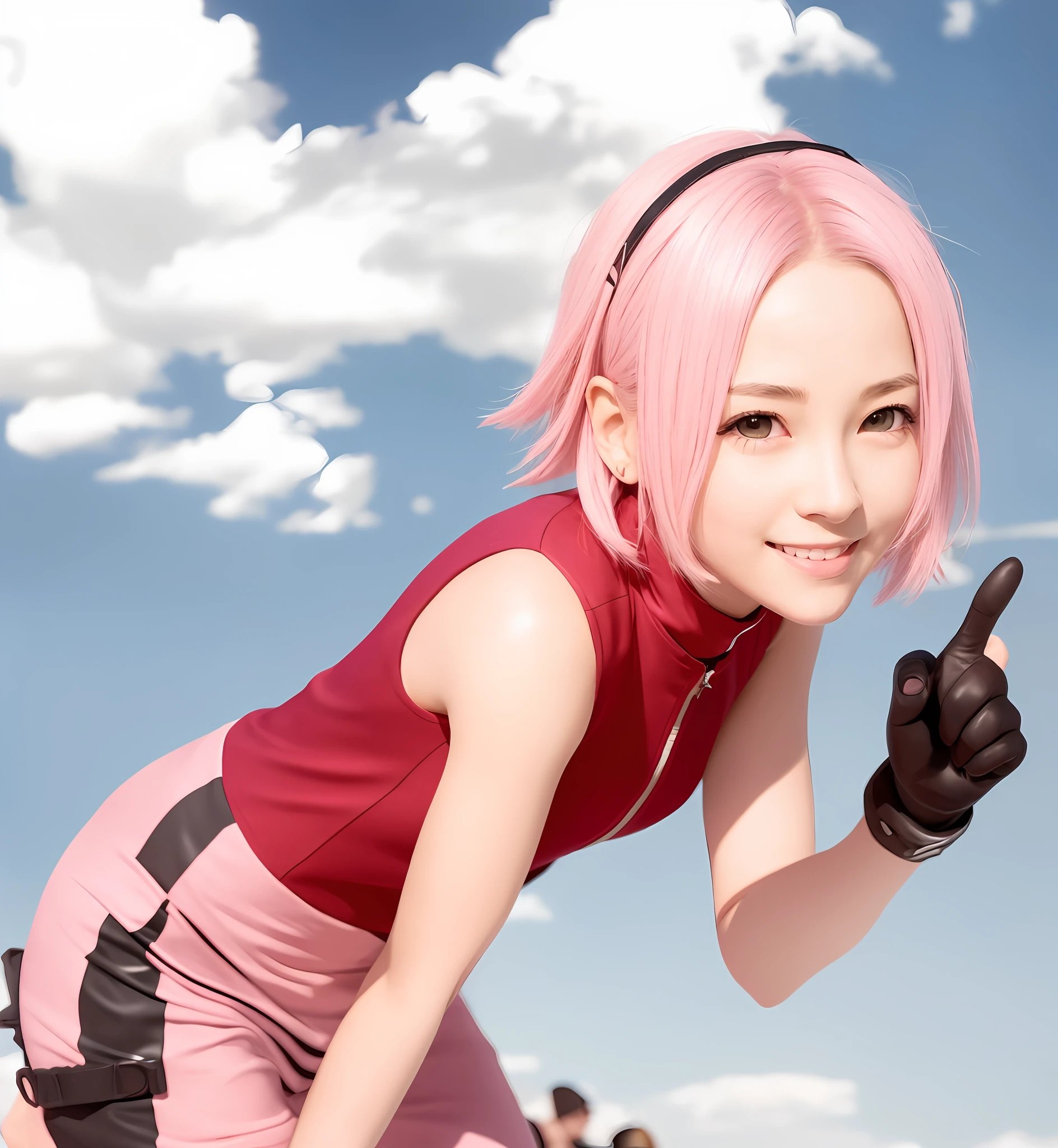 anime girl with pink hair pointing at something in the sky, haruno sakura, sakura haruno, sakura haruno in slug sage mode, from naruto, yayoi kasuma, pink iconic character, best anime character design, sakura kinomoto, sakimi chan, kunoichi, megumu okada, anime best girl, super realistic, (photorealistic:1.4),(masterpiece:1.3),(best quality:1.4),ultra high res,(detailed eyes),(detailed facial features),(detailed clothes features),HDR,8k resolution, solo focus, bangs, skin tight, (shiny skin),(slender girl),dreamlike, (extreme detailed illustration), 1girl, full body, cute, innocent, (smile),