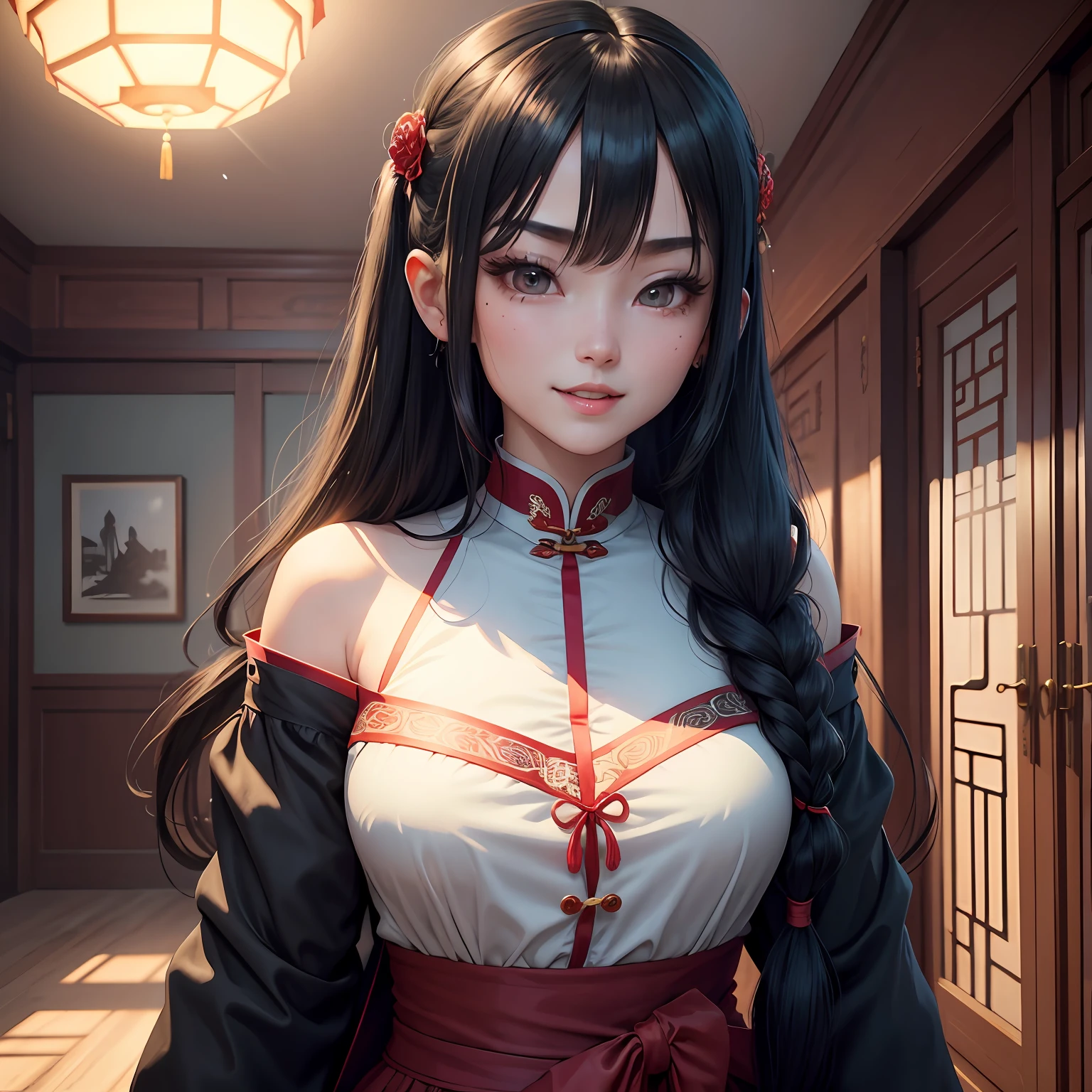 Long black hair, hair bobbles, The eyes were open, longeyelashes, light smile, ear blush, fang, Antique Chinese style boy hairstyle, hair strand, expressive hair, hair flaps, red hairband, blue hairband, mole under eye, open mouth, smile, mole under eye, eyeball, sparkling eyes, drop shadow, anaglyph, stereogram, tachi-e, pov, atmospheric perspective, interior architecture, Romanticism, Genre painting, anime style, cinematic lighting, stereogram, 8k, super detail, ccurate, best quality, 1080P, highres, 1080P, 1080P, award winning --auto