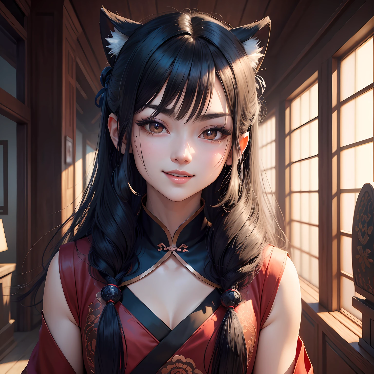 Long black hair, hair bobbles, The eyes were open, longeyelashes, light smile, ear blush, fang, Antique Chinese style boy hairstyle, hair strand, expressive hair, hair flaps, red hairband, blue hairband, mole under eye, open mouth, smile, mole under eye, eyeball, sparkling eyes, drop shadow, anaglyph, stereogram, tachi-e, pov, atmospheric perspective, interior architecture, Romanticism, Genre painting, anime style, cinematic lighting, stereogram, 8k, super detail, ccurate, best quality, 1080P, highres, 1080P, 1080P, award winning --auto