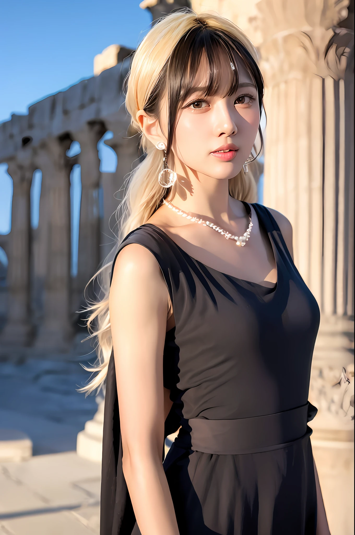 8K, (best quality:1.2), (masterpiece:1.37), (photo, photorealistic:1.37), (ultra high-res), super realistic,dim light,ray tracing,
outdoors,greek temple,
1girl,solo,close-up,smile
(facing to camera):1.2,looking at camera,
white sleeveless gorgeous greek toga,
platinum blonde long hair,(black bangs),
laurel tiara,pearl necklace,jewelry earrings,
a photo of kimyoohyeon,