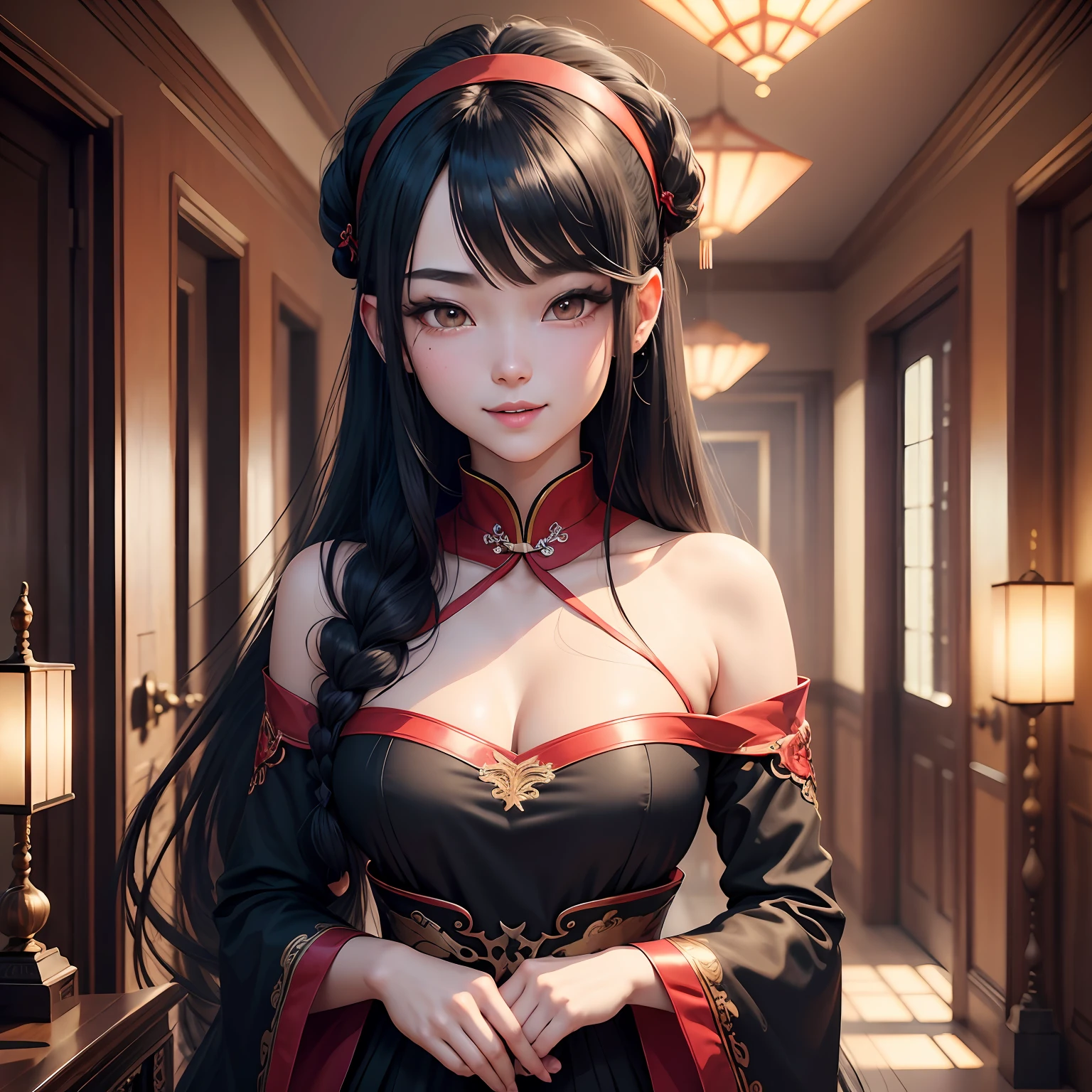 Long black hair, hair bobbles, The eyes were open, longeyelashes, light smile, ear blush, fang, Antique Chinese style boy hairstyle, hair strand, expressive hair, hair flaps, red hairband, blue hairband, mole under eye, open mouth, smile, mole under eye, eyeball, sparkling eyes, drop shadow, anaglyph, stereogram, tachi-e, pov, atmospheric perspective, interior architecture, Romanticism, Genre painting, anime style, cinematic lighting, stereogram, 8k, super detail, ccurate, best quality, 1080P, highres, 1080P, 1080P, award winning --auto