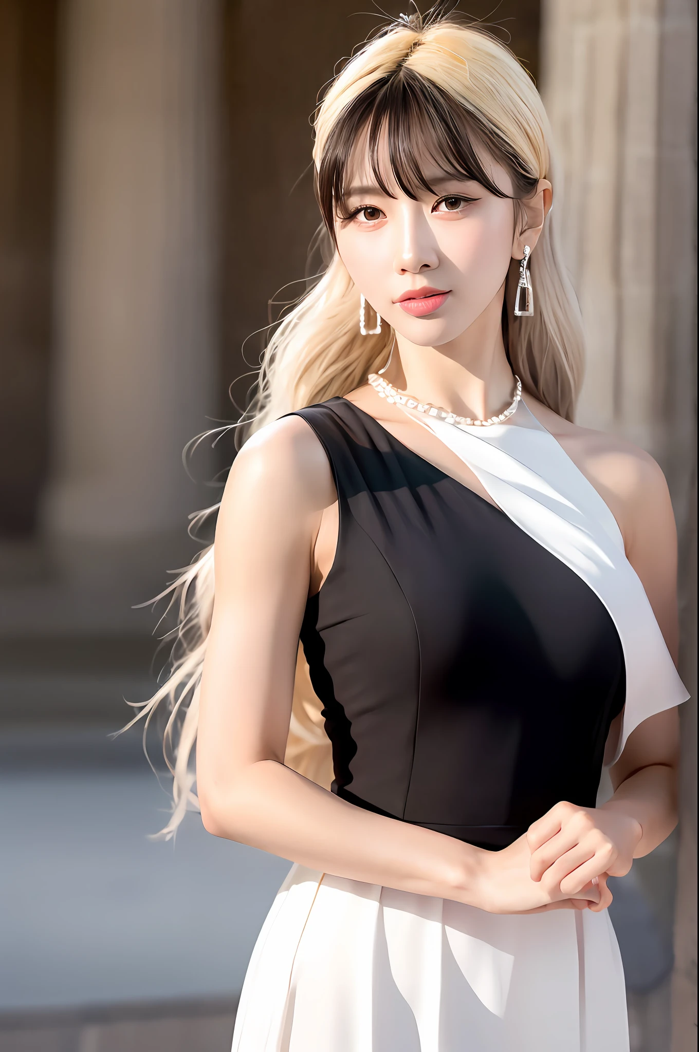 8K, (best quality:1.2), (masterpiece:1.37), (photo, photorealistic:1.37), (ultra high-res), super realistic,dim light,ray tracing,
outdoors,greek temple,
1girl,solo,close-up,smile
(facing to camera):1.2,looking at camera,
white sleeveless gorgeous greek toga,
platinum blonde long hair,(black bangs),
laurel tiara,pearl necklace,jewelry earrings,
a photo of kimyoohyeon,