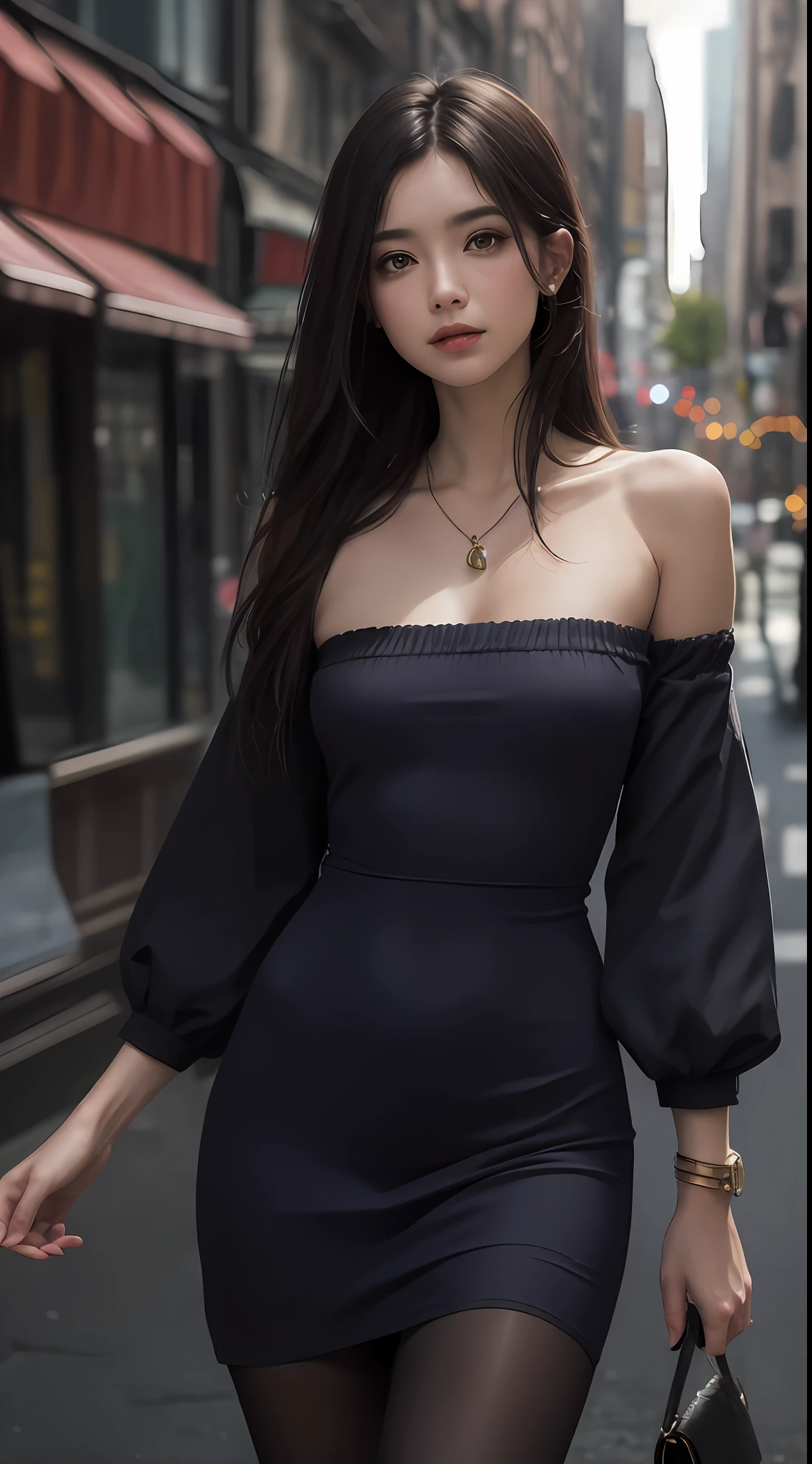 ((Melhor Qualidade, 8K, Obra-Prima: 1.3)), Foco: 1.2, Beleza Corporal Perfeita: 1.4, butt: 1.2, ((Corte de Cabelo em Camadas, Peitos: 1.2)), (Roupas Molhadas: 1.1) , (Chuva, Rua: 1.3), Vestido Bandeau: 1.1, Textura Facial e Pele Altamente Detalhada, Olhos Delicados, 二重まぶた, Pele Embranquecida, Cabelos Longos, dark pantyhose