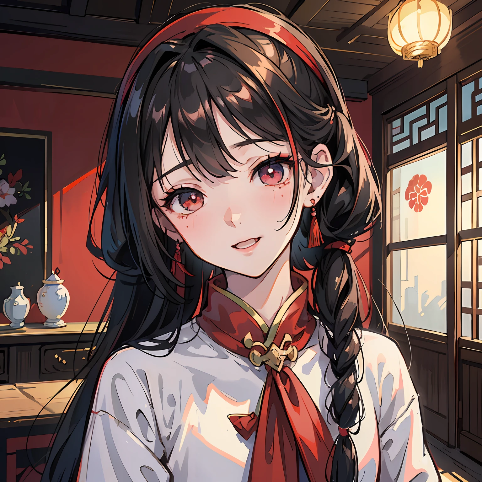 Long black hair, hair bobbles, The eyes were open, longeyelashes, light smile, ear blush, fang, Antique Chinese style boy hairstyle, hair strand, expressive hair, hair flaps, red hairband, blue hairband, mole under eye, open mouth, smile, mole under eye, eyeball, floating hair, big hair, drop shadow, anaglyph, stereogram, tachi-e, pov, atmospheric perspective, interior architecture, Romanticism, Genre painting, anime style, cinematic lighting, stereogram, 8k, super detail, ccurate, best quality, 1080P, highres, 1080P, 1080P, award winning --auto