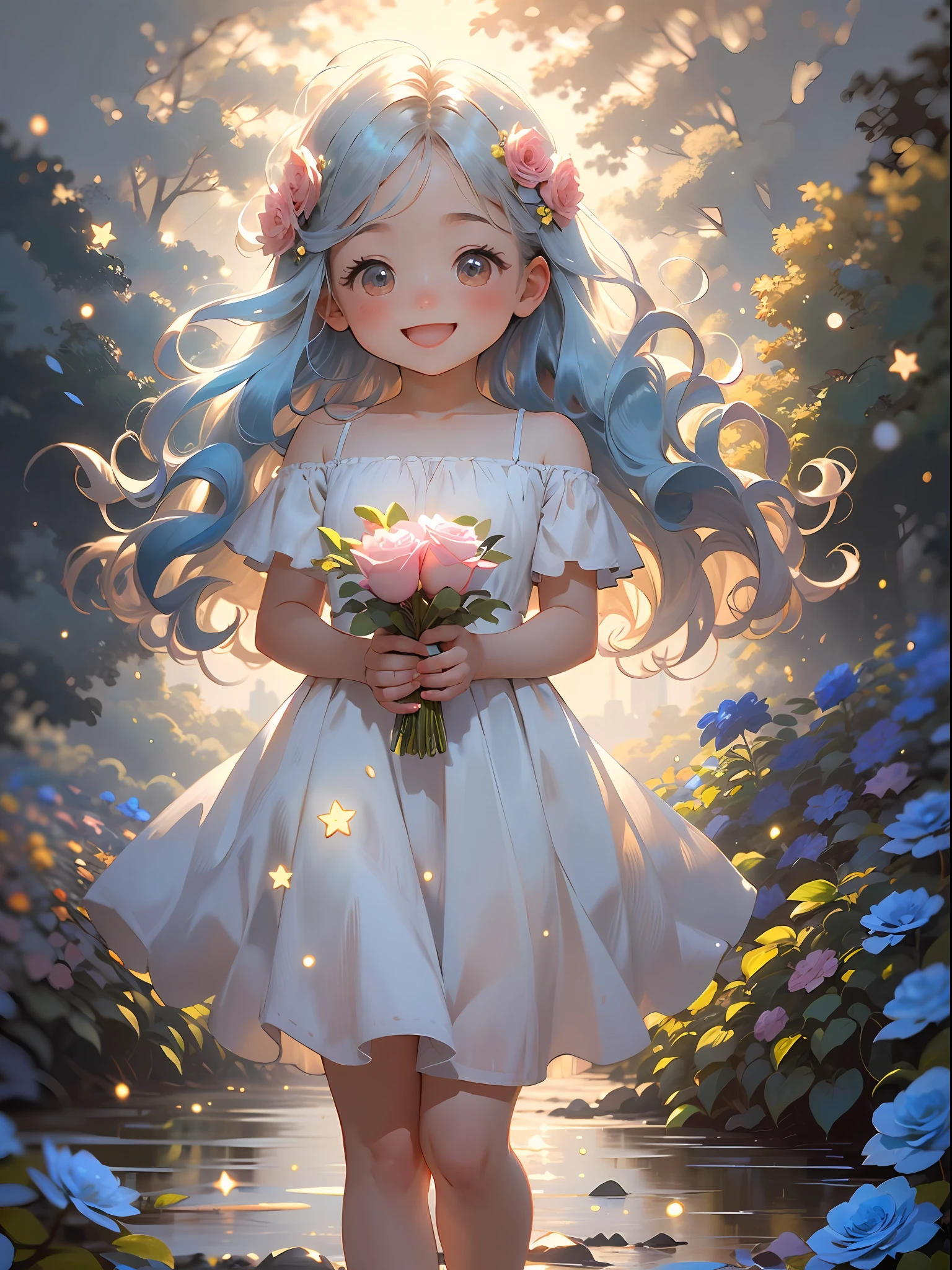 1girl, chibi, cute, long hair, light blue hair, glowing blue eyes, pink rose garden, floral dress, sunlight,smile, happy, blue rose