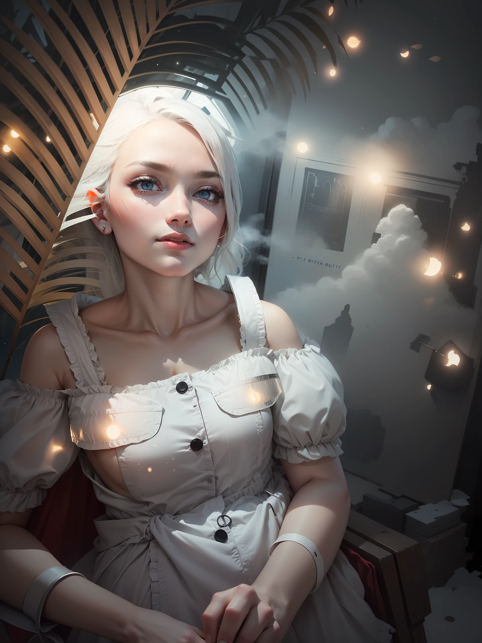 Masterpiece, (Best Quality: 1.2), (Super Fine: 1.2), Illustration, (Extremely Delicate and Beautiful: 1.2), Film Angle, Floating, (Beautiful Detail Eye: 1.1), (Detail Light: 1.1), Film Lights, Delicate Sky, Woman, White Hair, Blue Eyes, (High Ponytail: 1.1), Cloak, Glowing Eyes, (Moon: 1.2), (Moonlight: 1.1), Starry Sky, (Light Particles: 1.1), Fog , snow painting, sketching, blooming
