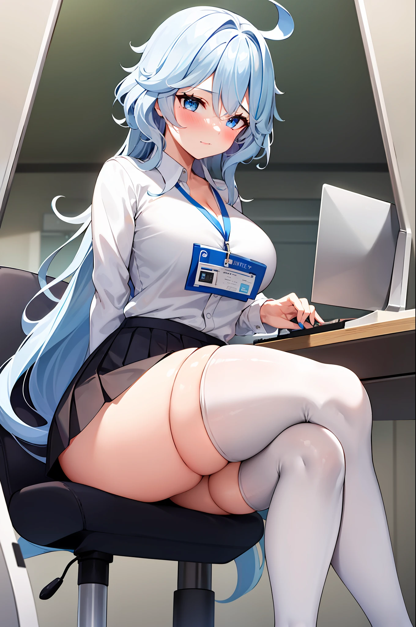1girl, solo, ((white shirt)), black thighhighs, breasts, cleavage, uniform, office background, black skirt, pleated skirt, office,large breasts, looking at viewer, BLUE SEA HAIR, solo, thighhighs, thighs, very long hair, ((masterpiece)), sitting, chair, desk, computer on desk, name tag, id tag, indoor, blush, sexy pose,