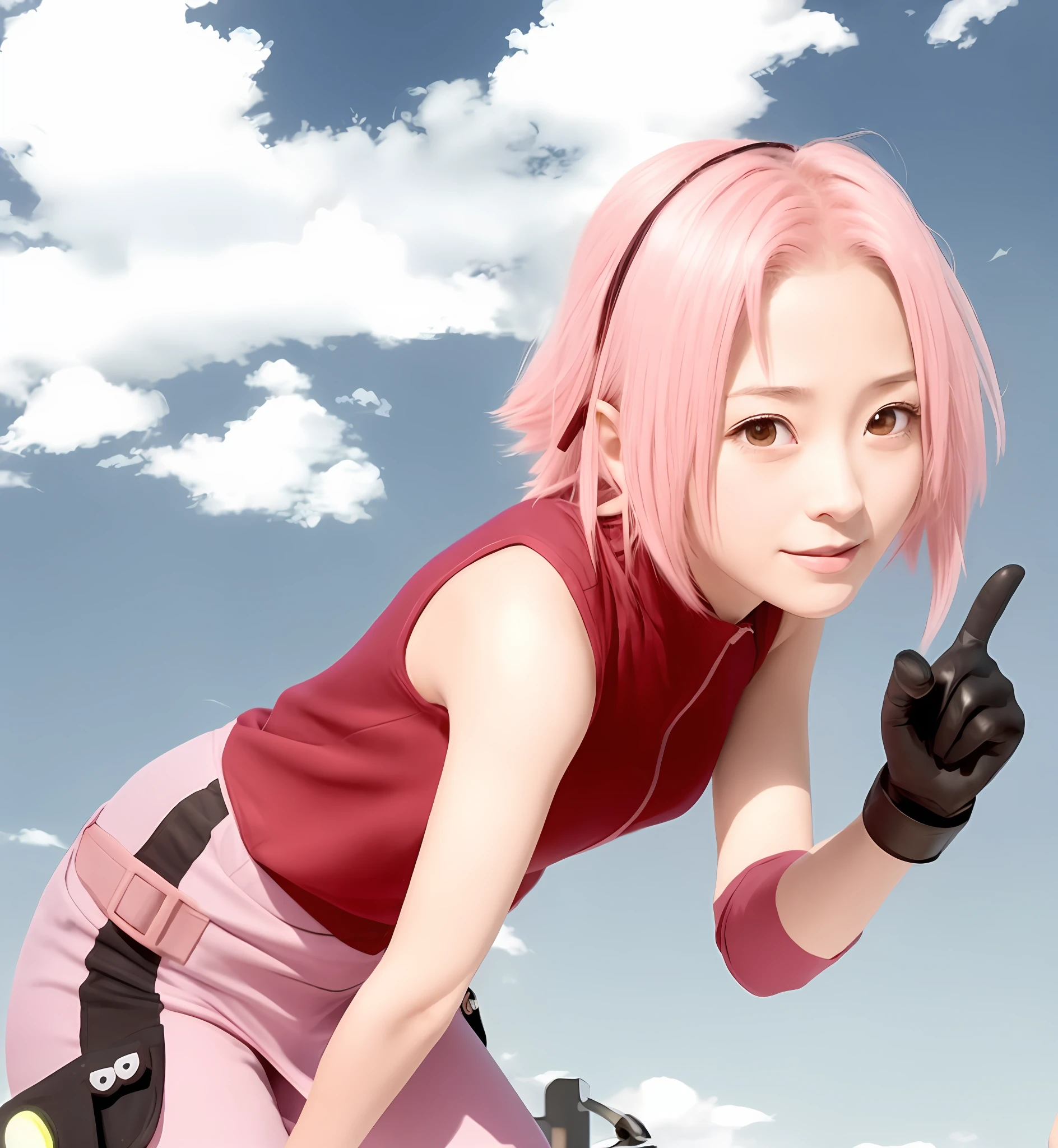 anime girl with pink hair pointing at something in the sky, haruno sakura, sakura haruno, sakura haruno in slug sage mode, from naruto, yayoi kasuma, pink iconic character, best anime character design, sakura kinomoto, sakimi chan, kunoichi, megumu okada, anime best girl, super realistik