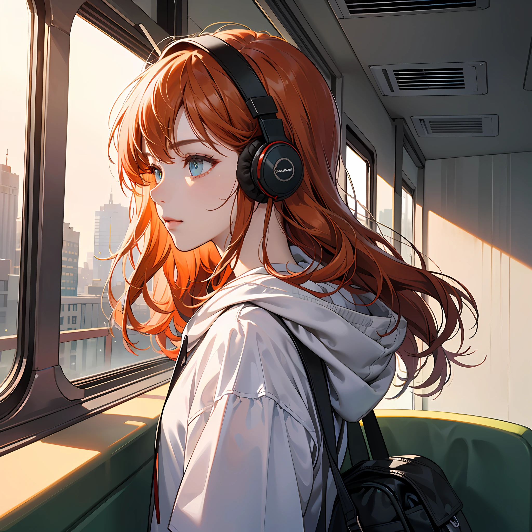 (masterpiece, sidelighting, ultra-detailed, finely detailed beautiful eyes: 1.2), 1girl, bag, building, from side, headphones, hood, hood down, hooded jacket, hoodie, jacket, long hair, orange hair, profile, red hair, solo, train, train interior, upper body, Masterpiece, best quality --auto