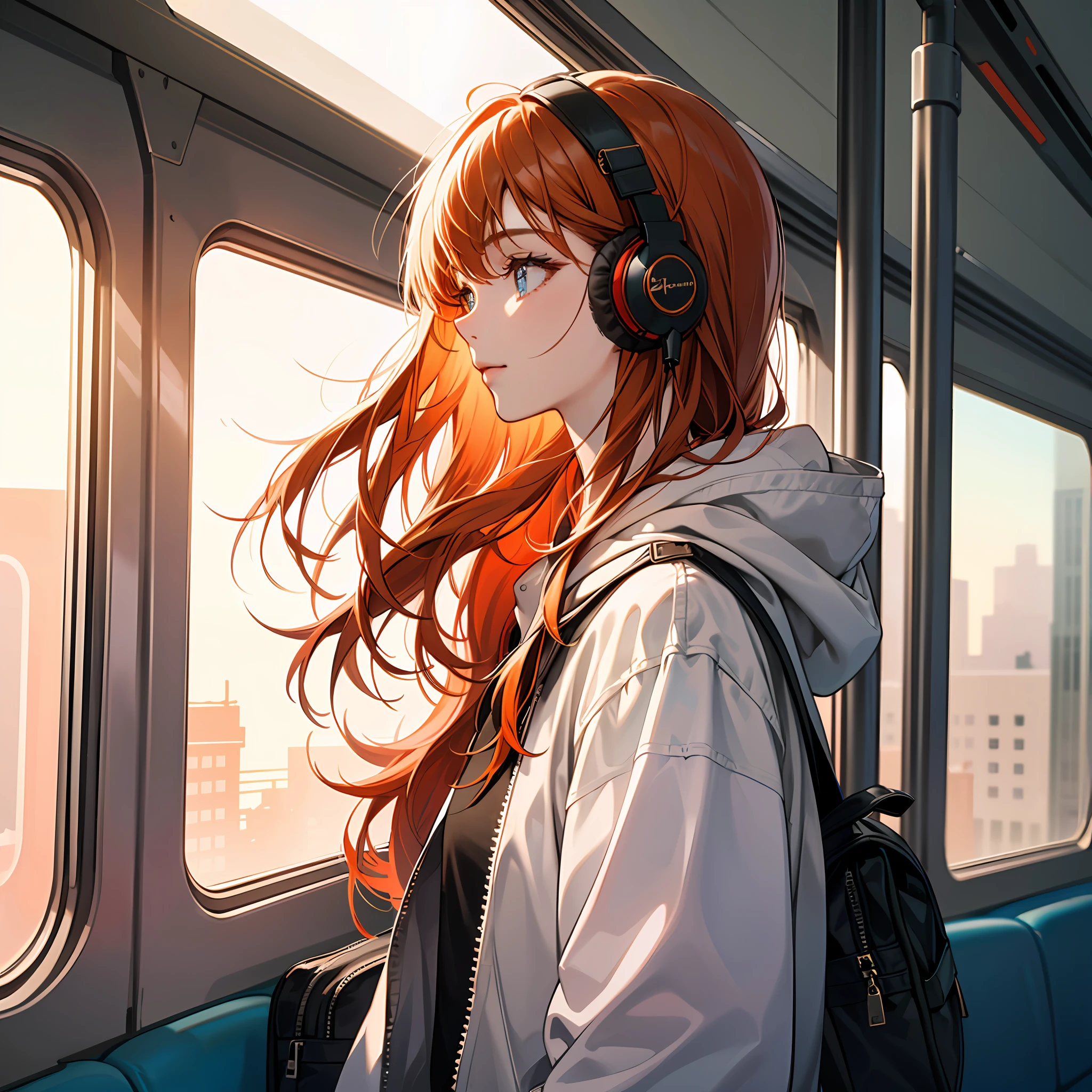 (masterpiece, sidelighting, ultra-detailed, finely detailed beautiful eyes: 1.2), 1girl, bag, building, from side, headphones, hood, hood down, hooded jacket, hoodie, jacket, long hair, orange hair, profile, red hair, solo, train, train interior, upper body, Masterpiece, best quality --auto