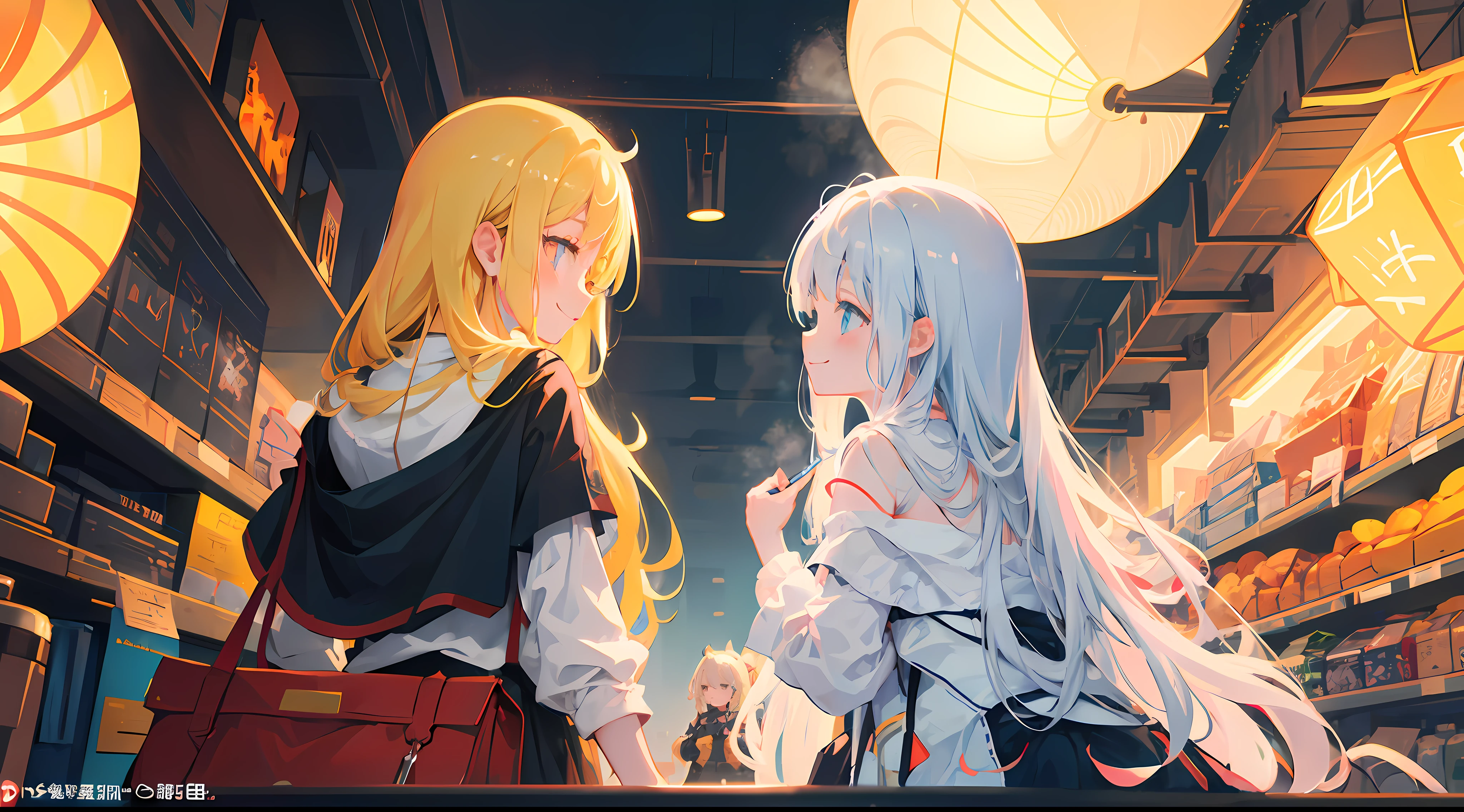 reflective light、best qualtiy、cart、cosmic background、Planktonic、low gravity、a smile、steampunc、８K、arknights、teens girl、Sarah Clothes、Detailed and beautiful illustrations、White long hair、（Two people、Staring at each other）