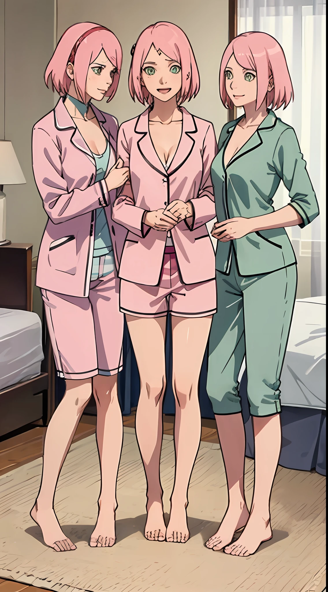 Haruno sakura, short hair, medium breast, cleavage, navel, slim legs, pink hair, happy, pajamas, standing, bedroom, shorts