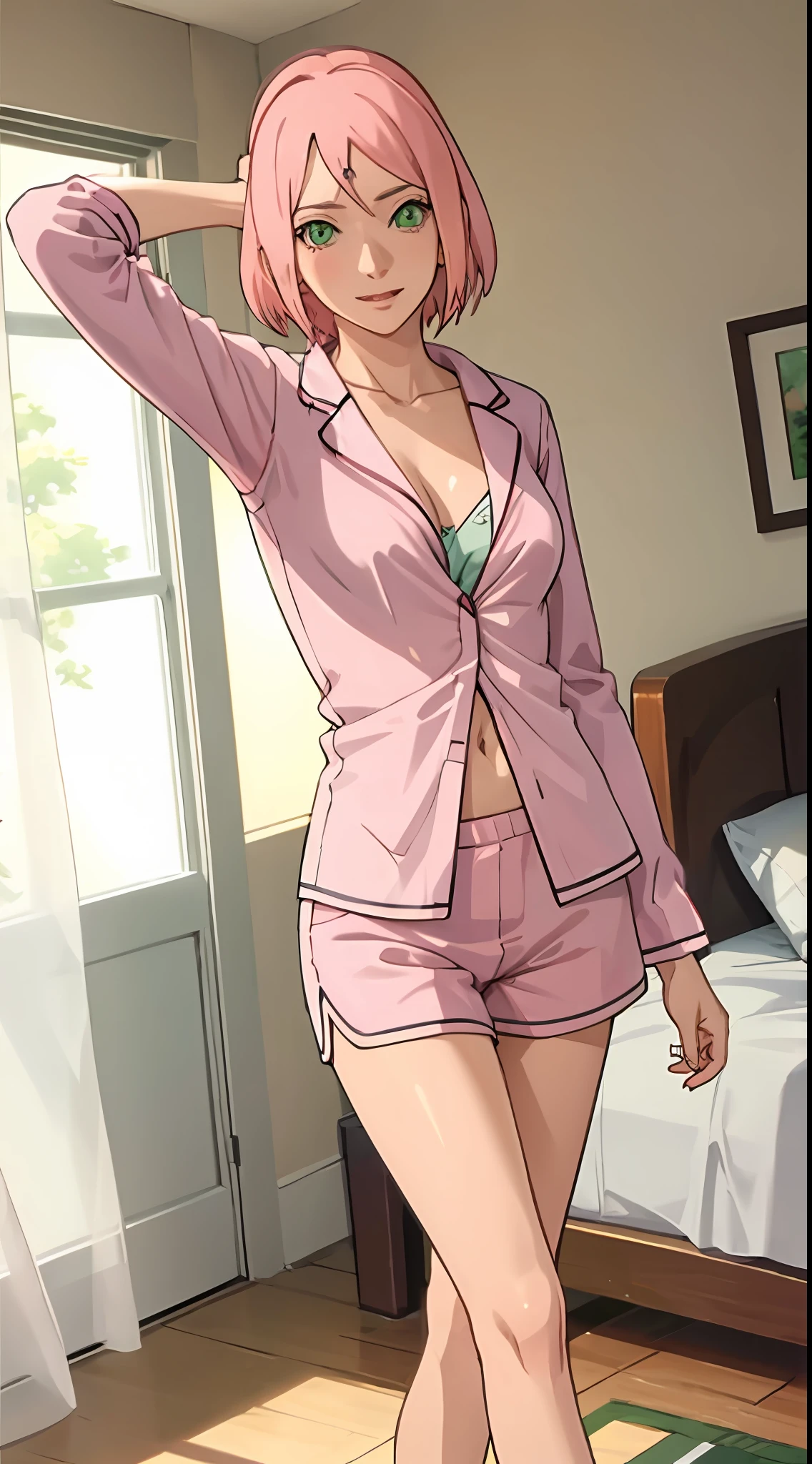 Haruno sakura, short hair, medium breast, cleavage, navel, slim legs, pink hair, happy, pajamas, standing, bedroom, shorts