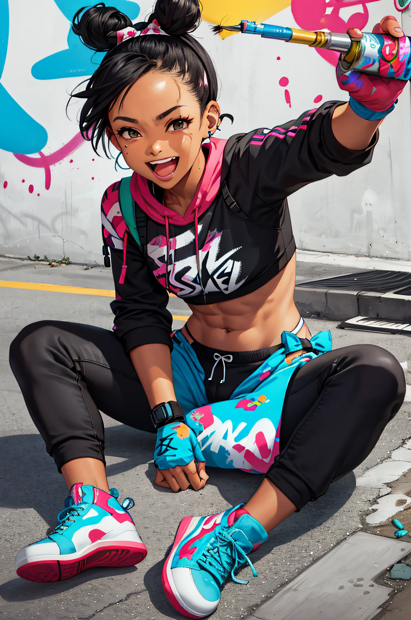 scribbles，Graffiti art spray painted wall，Doodle close-up，paint splatter，Kimberly-Clark, mitts, Pants, Crop top, Earphone, midriff, Short hair, bow hair band, hip vent, Sitting down, Abs, From below, Holding food, Open mouth, Laughing, Back alley, (Grafitti:1.2)