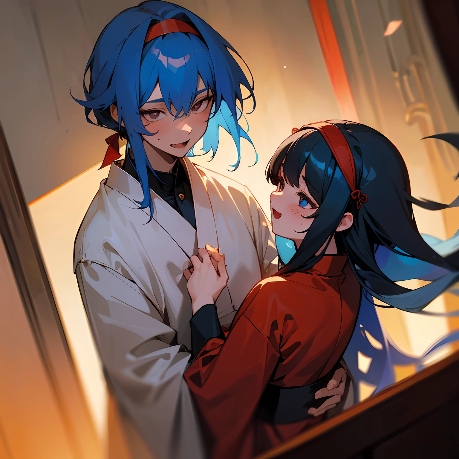 Long black hair, hair bobbles, The eyes opened, long eyelasher, Light smile, Ear blush, Fang, Antique Chinese boy hairstyle, Hairline, Expressive hair, hair flaps, red hairband, blue hair ribbon, Moles under eyes, Open mouth, Smile, Moles under eyes, eyeball, Floating hair, Big hair, shadowing, anaglyph, stereograms, tachi-e, angle of view, Atmospheric perspective, Interior architecture, romanticism lain, Genre painting, Anime style, Cinematic lighting, stereograms, 8K, Super detail, ccurate, Best quality, 1080p, A high resolution, 1080p, 1080p, Two boys,One is the emperor,One is an official,The emperor whispered to the officials and got married in a long red Han dress --auto