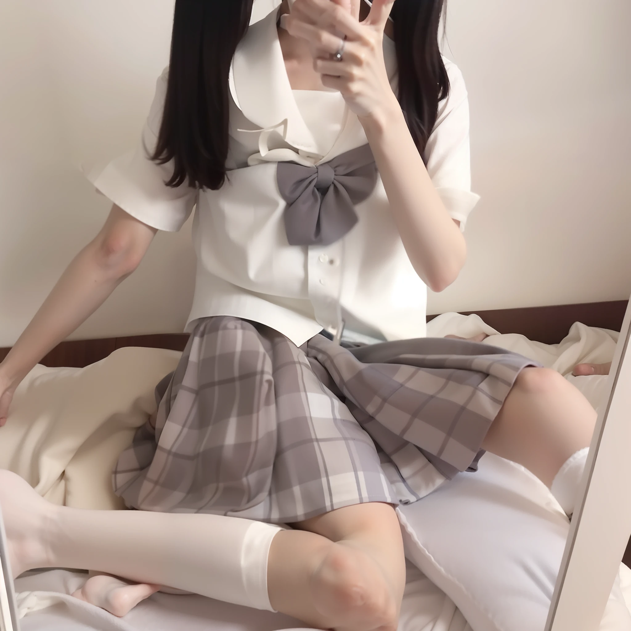 There was a girl sitting on the bed taking a picture of herself, cute female student, Wearing a Japanese school uniform, japanese girl school uniform, Surrealism female students, Japanese school uniform, Surrealism female students, of a schoolgirl posing, in school uniform, Realistic schoolgirl, in school uniform, dressed as schoolgirl, wearing skirt and high socks，ultra-clear