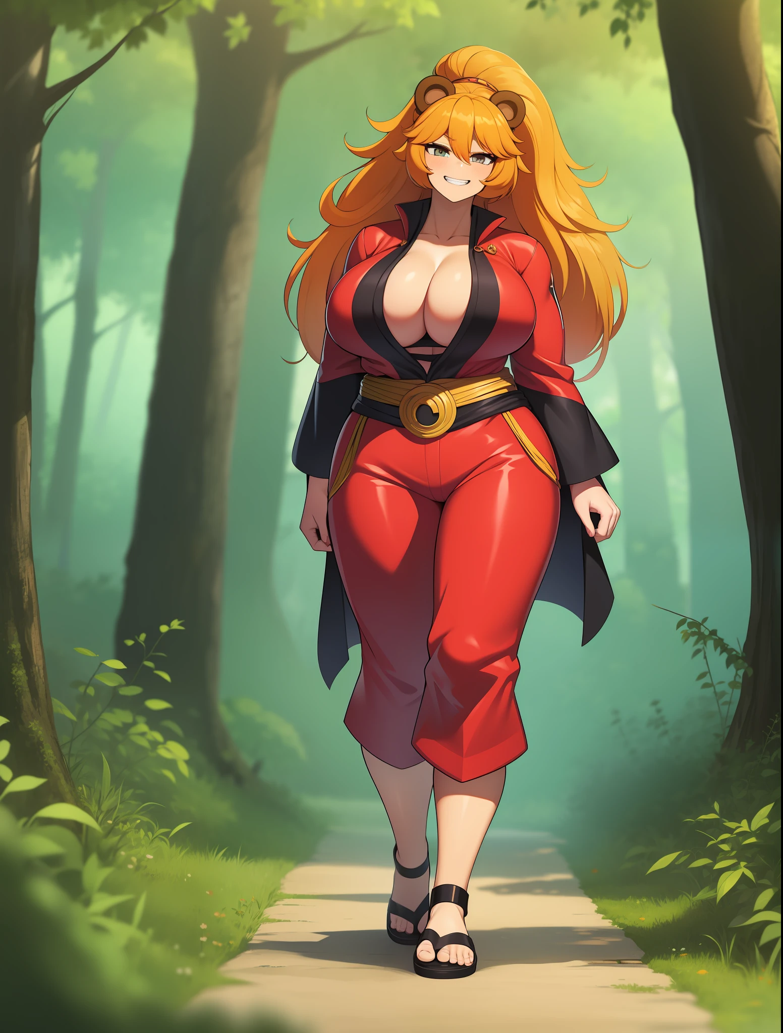 Processus, cheveux orange, grosse poitrine, cheveux longs, cheveux vivants, , seul,, Muscular girl, Grande femelle, sourire, corps entier, pantalon, Ouest, Berserker, guerrier, revealing clothes, amazone, tribal clothing,kimono, moine, bear ears,, walking, alone, forest, full body, flip flops