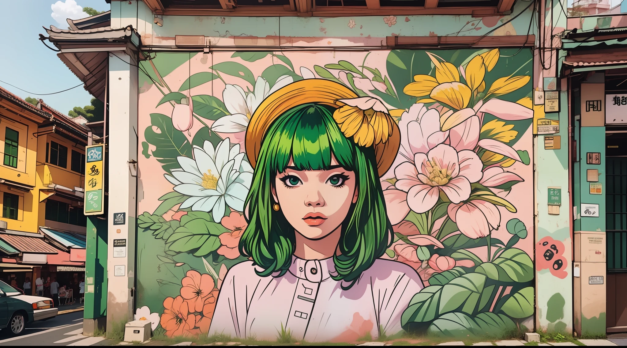 a hyperrealistic mural of a 1girl ((banchan)) at Petaling Jaya's charming old town square, exuding a nostalgic aura and captured with an enchanting analog film aesthetic, street art graffiti.