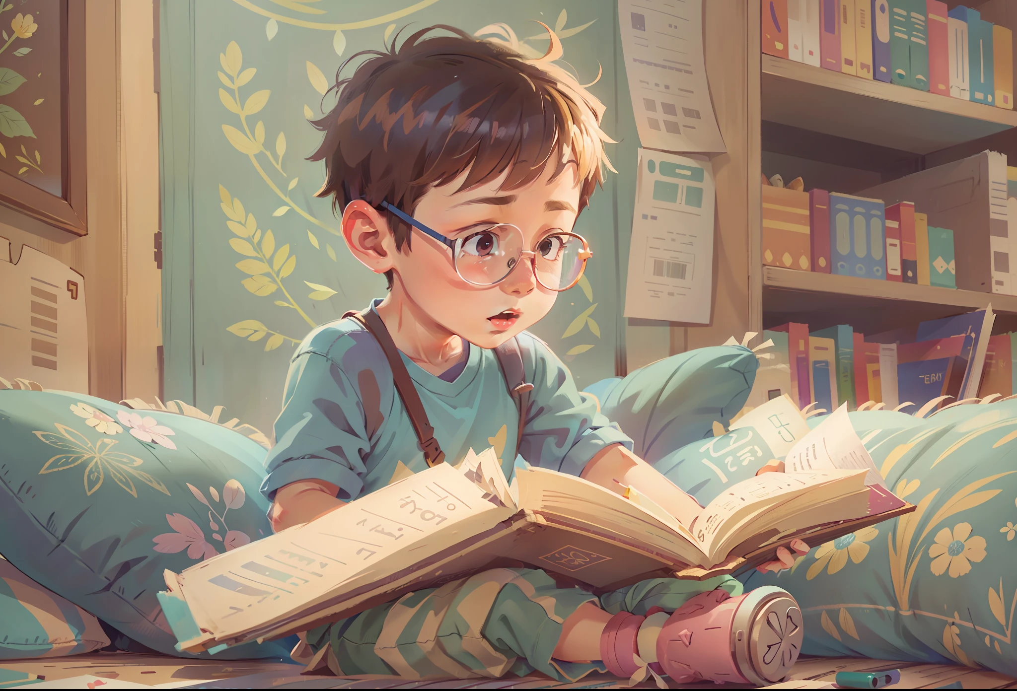 A Boy Reading a Book, pastel colors, children's illustration, (best quality), (intricate detail), (8k), (sharp focus), (ultra sharp), (ultra resolution), (Ultra Detailed), (ultra definition),