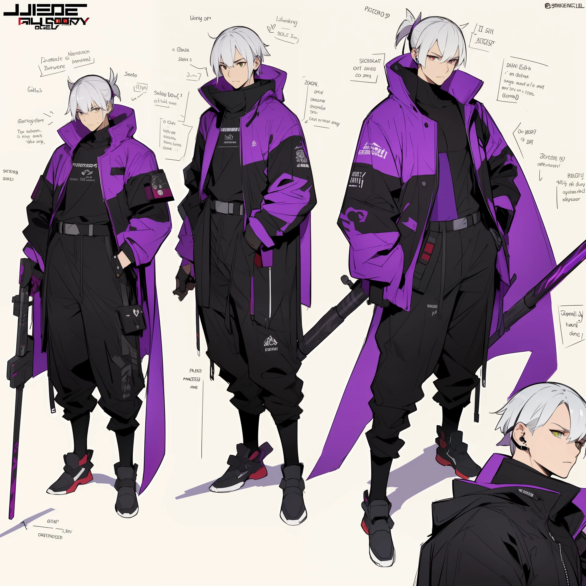 purple color-theme，Masterpiece,Best quality,offcial art,Extremely detailed Cg Unity 8K wallpaper,1 man,Tall figure，musculous，mechs， joy,anger and sorrow，Single ponytail hairstyle，Glowing fist，Earphone，（（（Purple combat suit））），Colorful stitched camouflage cape，Hand-held laser metal weapons，Yellow hair，character  design，juesesheji，Sketch line diagram,