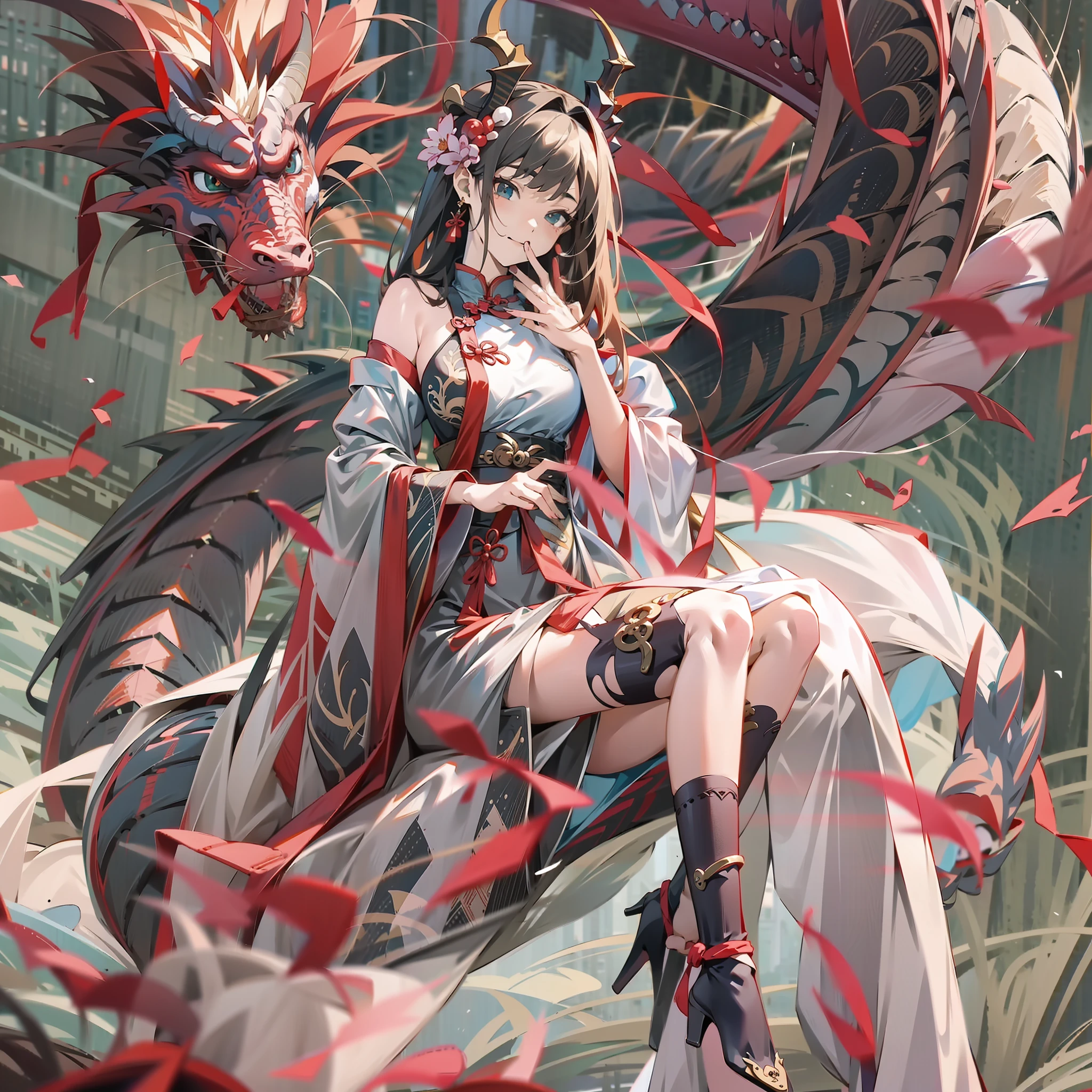 Perfect female body,solo,dragon girl,china dress,thighhighs,hair ornament,earrings,Loong, dragon background, loong background,{best quality}, {{masterpiece}}, {highres}, original, extremely detailed 8K wallpaper, {an extremely delicate and beautiful},,,