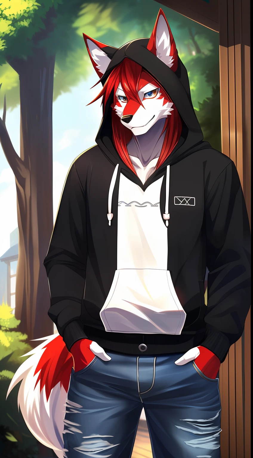 ((highest quality, masterpiece, 4k, finely detailed, detailed eyes, detailed face, intricate details, pixiv, gelbooru)), male, masculine, long hair, ((modern clothing: hoodie, jeans)), twink body type, black and red fur, wolf, long hair