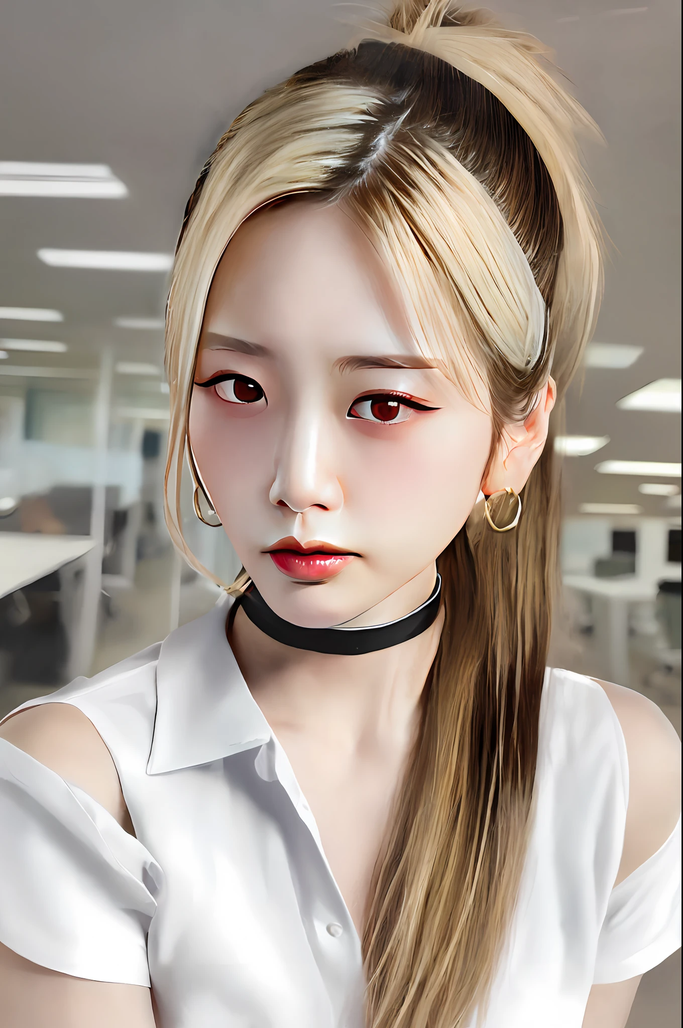 best quality,masterpiece,realistic,1girl,solo,ambient light,looking at camera,upper body, 
indoors,office,
detail face,complete eyes,
blondie hair,high ponytail, bare shoulders, 
white shirt,
black choker,hoop earrings, 
a photo of kimminji,