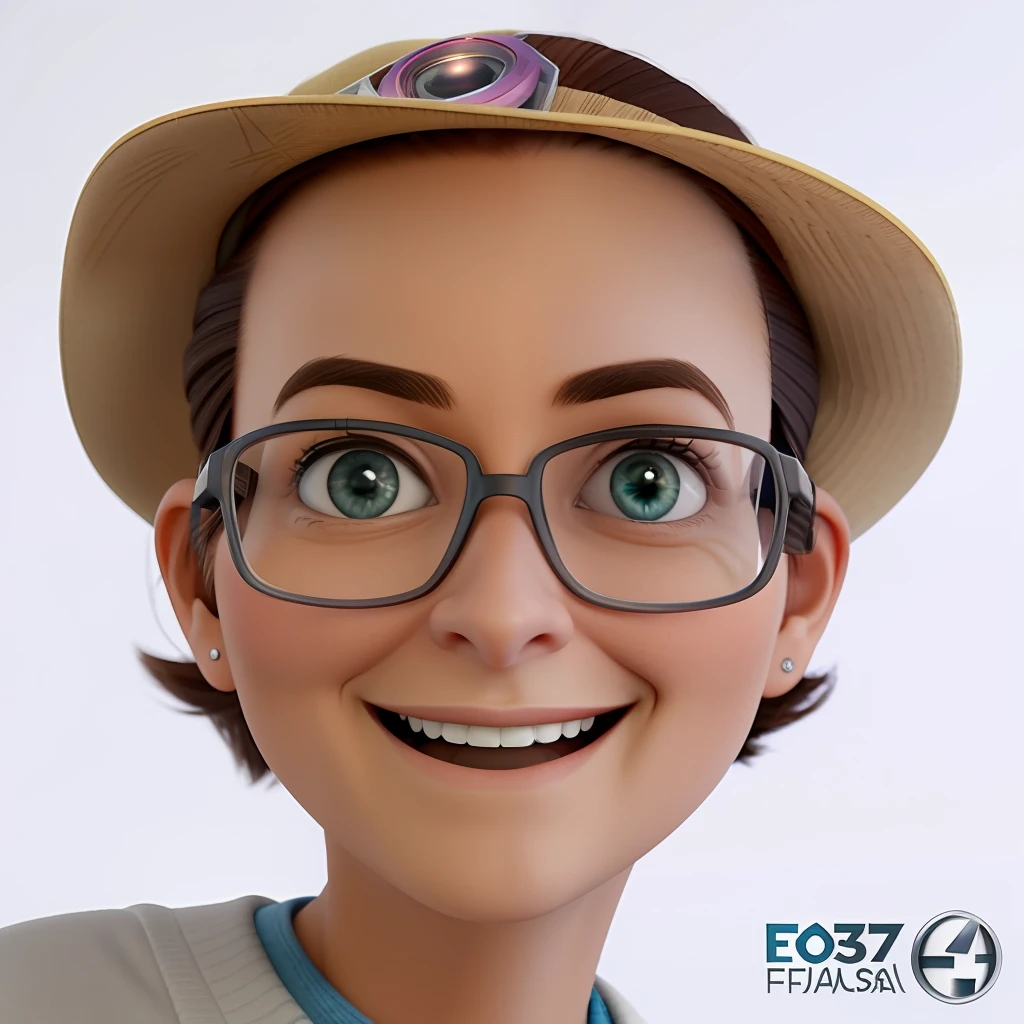 uma mulher sorridente, expression of surprise, with glasses and hat, cabelos castanhos, olhos castanhos, imagem da Pixar, imagem ultra realista 4k, retrato de weta Disney