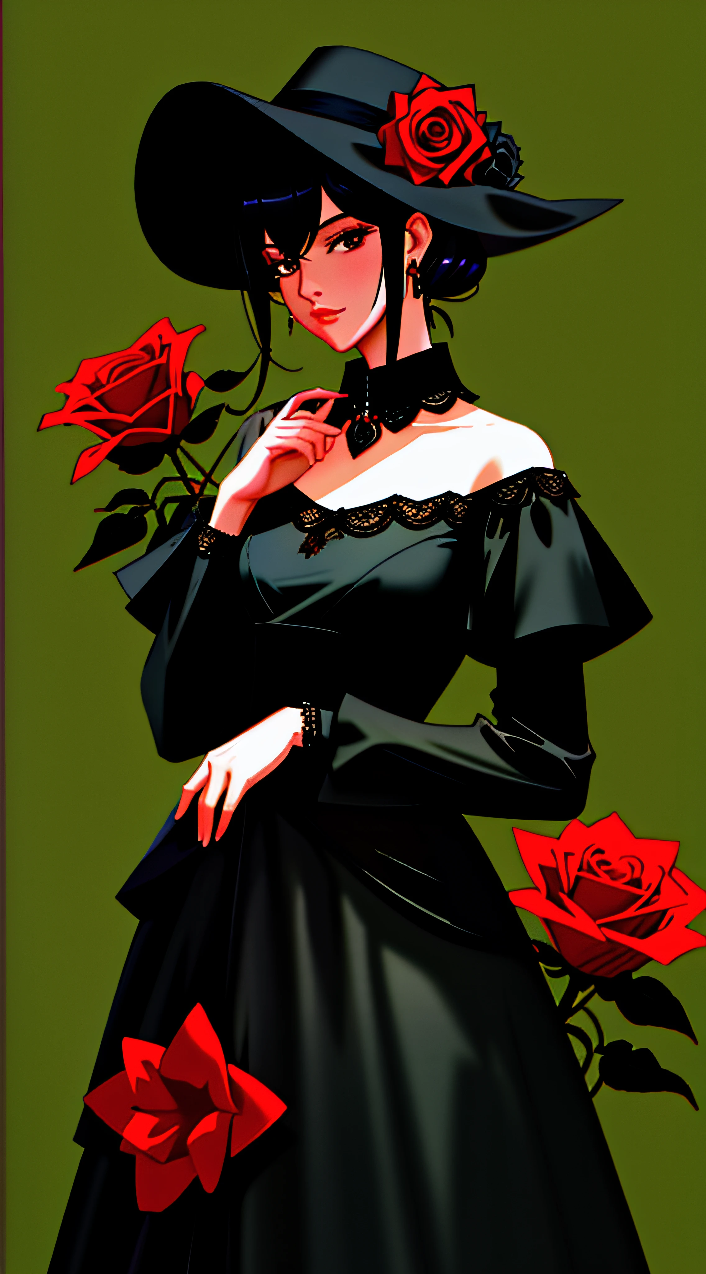 4K, Meisterwerk, hight resolution, absurdres,fotorealistisch, edg_Halskette, eine frau, who wears a black dress and a red rose collar , edg_Halsband um den Hals,Cowboy erschossen,