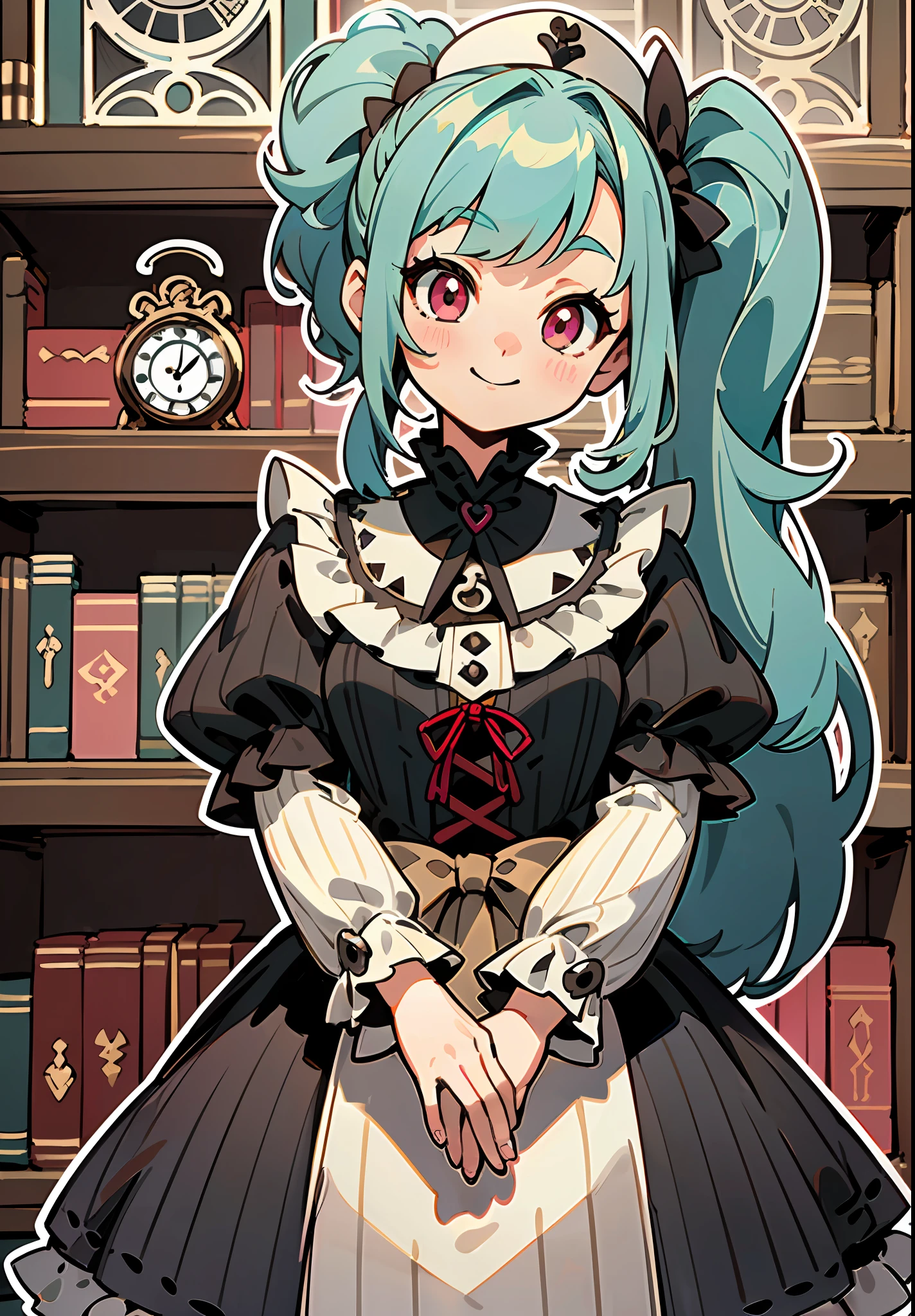 ((Dynamic Angle)), ((****)), (child), ((独奏)), (canny smile), (turquoise hair), (ponytails), (pink eyes), (((moth))), (Gothic dress), (****ta Dress), (vintage dress), (Black Dress), (frilld), (beige frill;), (Bows), ((dark red details)), (((Vertical stripes))), ((Clock face in the background)), (library), ((thick outlines)), ((white outlines))