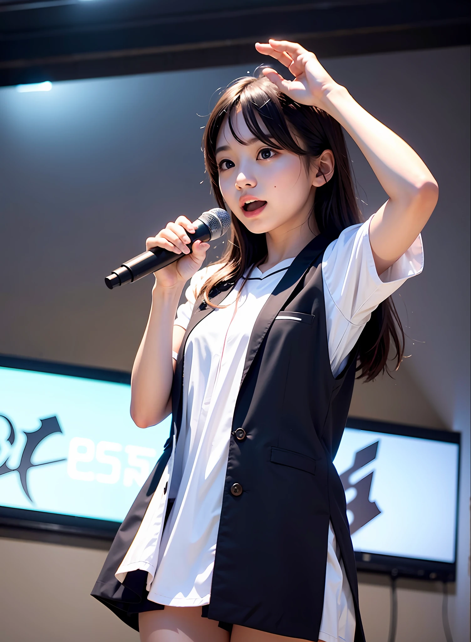 8K、Top image quality、masterpiece、夏天、Singing at karaoke、Japanese high school girl、Summer Uniforms、shortsleeves、Dance with all your might