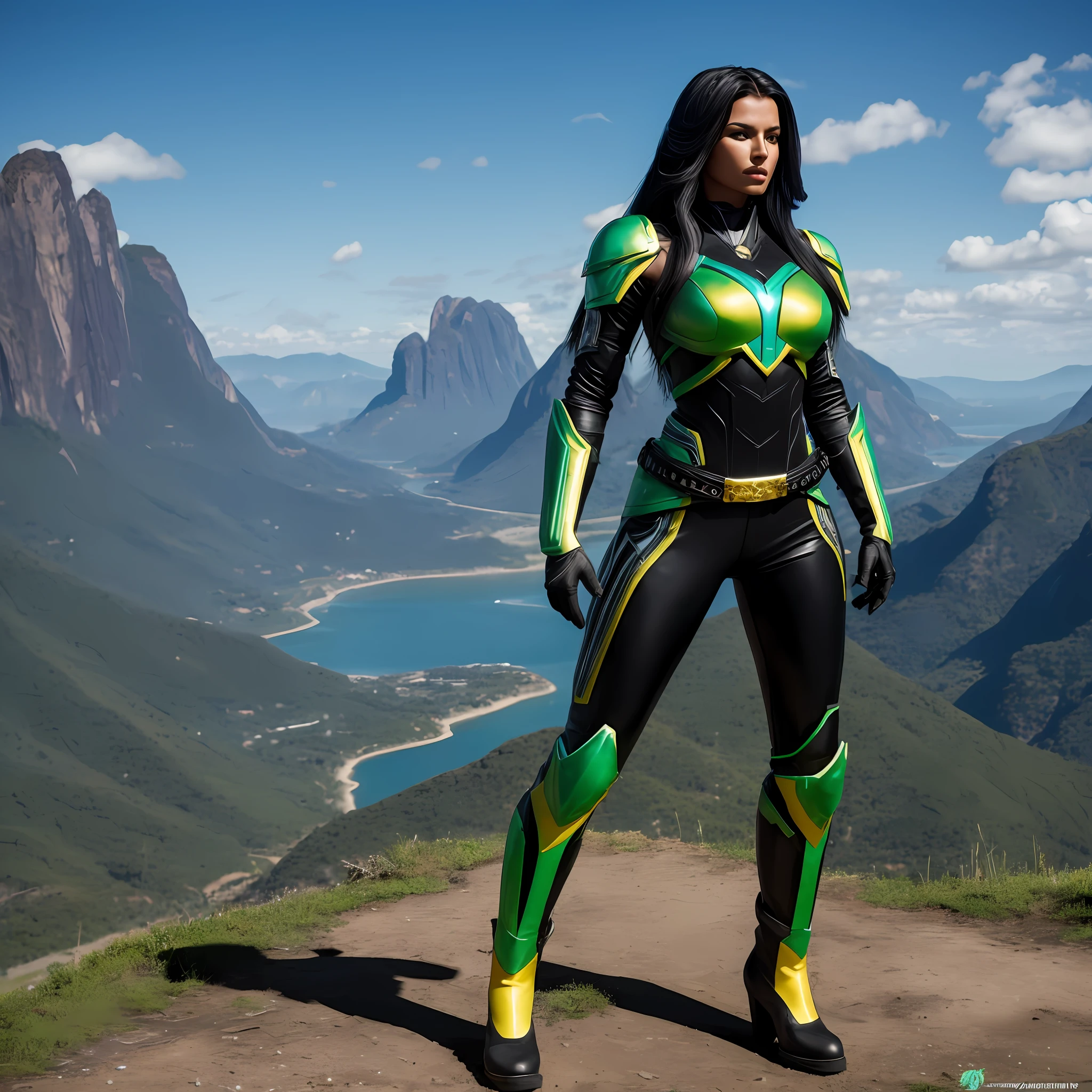 Brazilian Super Heroine, Brazilian Woman at 30 years, full body, black long hair wearing futuristic metallic tight-fitting outfit based on the Maned Wolf, without ears of the wolf, the full suit must be blue and yellow with details in green and white, yellow belt onit with some divises, black boots, black gloves, put just one caractere on the landscape, place a landscape in the background blue Sky, put some salmo vegetation similar to the Brazilian Forest, place the wolf symbol on the armor in the center between the breasts, photorealistic, cinematic,