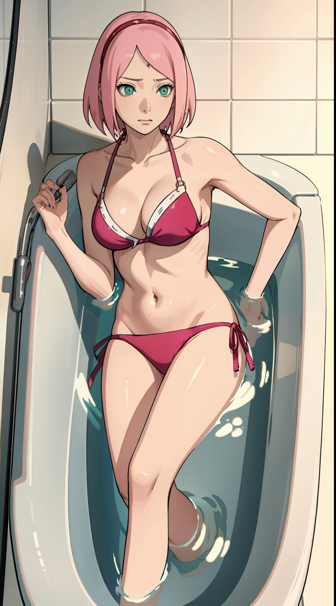 Haruno sakura, short hair,  medium breast, cleavage, navel, slim legs, pink hair, nervous, side tie bikini, bathtub,