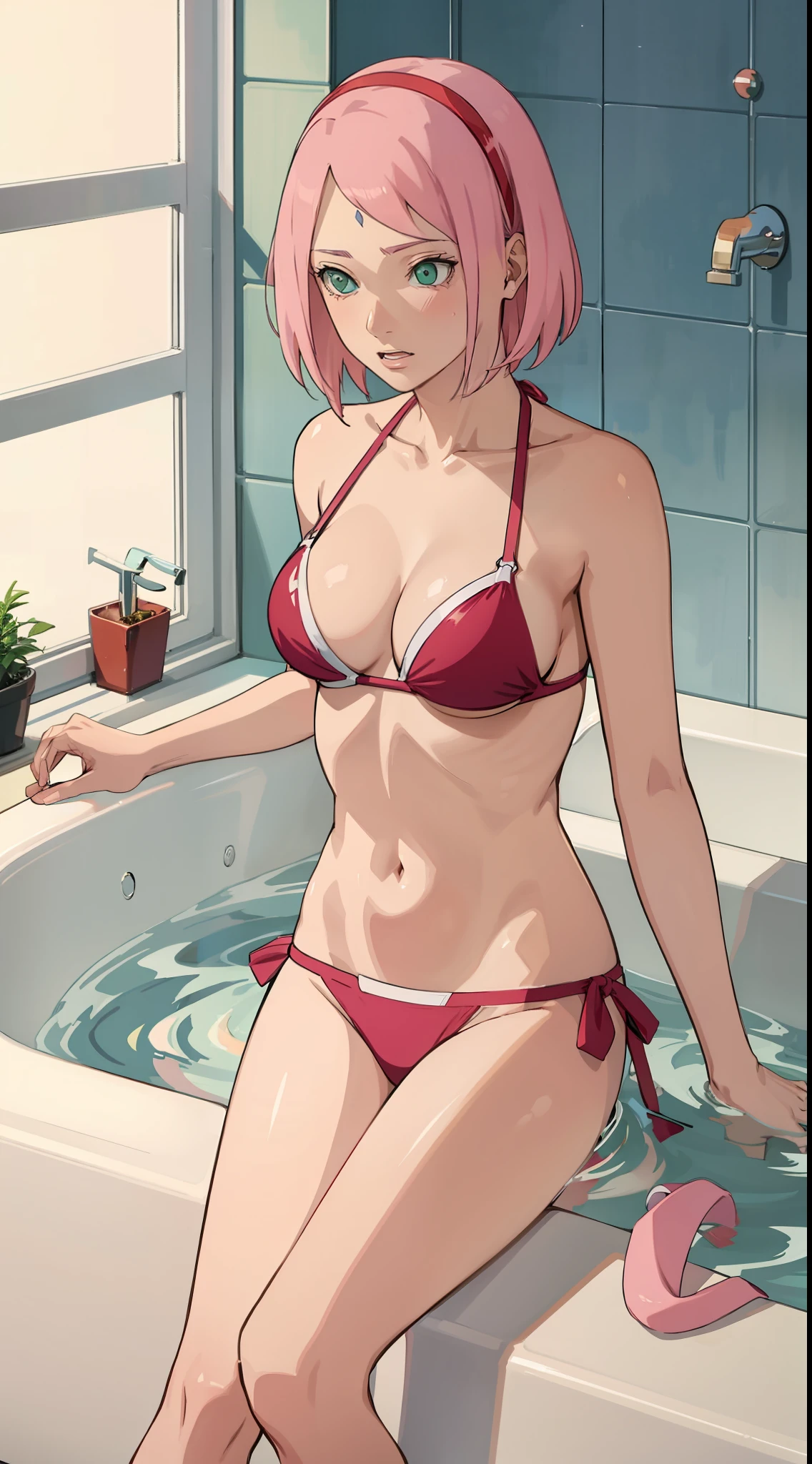 Haruno sakura, short hair, medium breast, cleavage, navel, slim legs, pink hair, nervous, side tie bikini, bathtub,