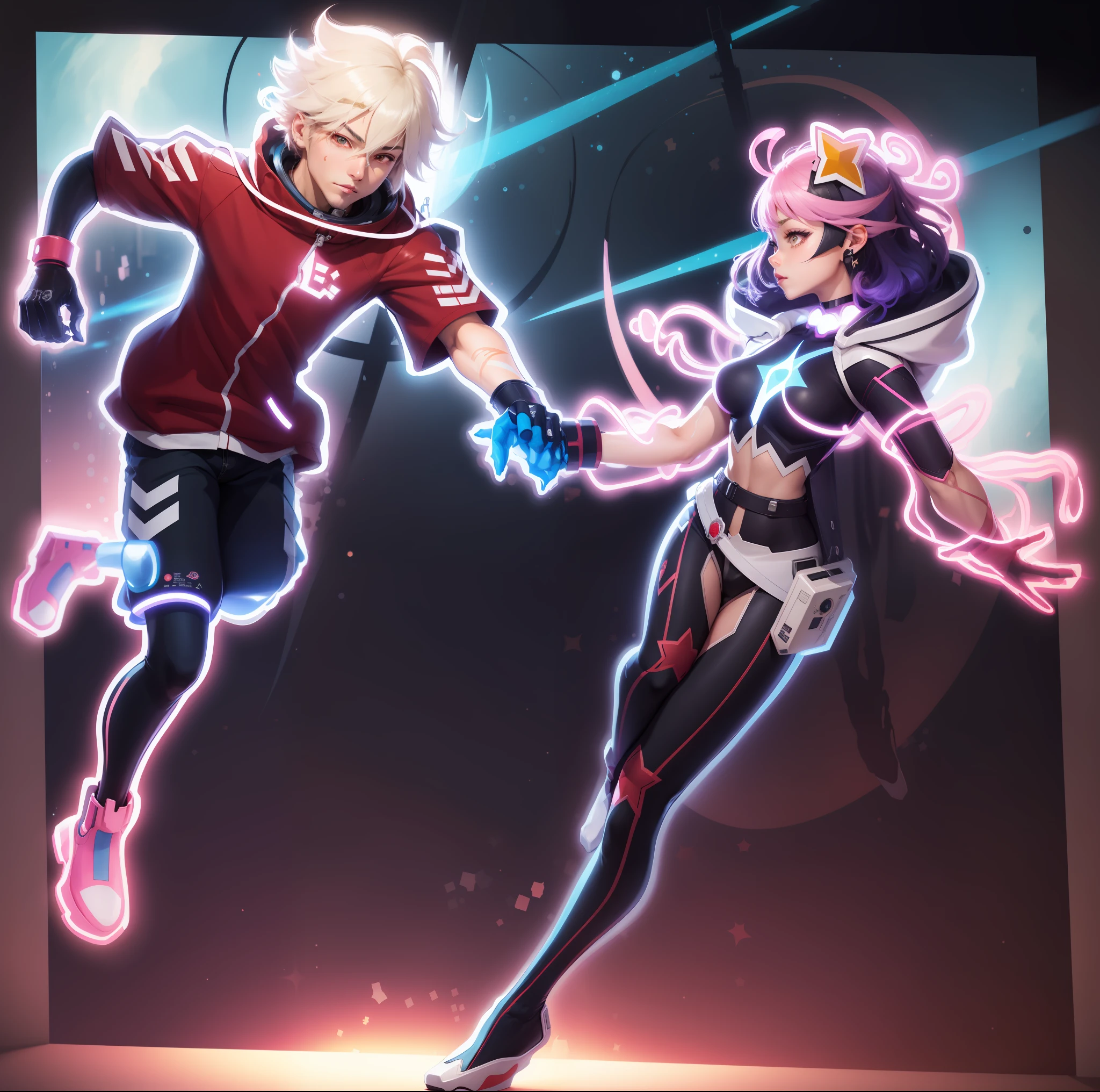 Some anime characters are flying through the air, 2 d Fanart Artes, Woman in space, Estilo anime 2D, no estilo de arte do anime 8 0 s, Otaku Gangasta, Collab Definitiva, 8 0 s estilo de arte anime, in outer space, cyber space cowboy, estilo cyber universe, art deco outrun anime aesthestic, 8 0 s estilo anime, cabelo branco