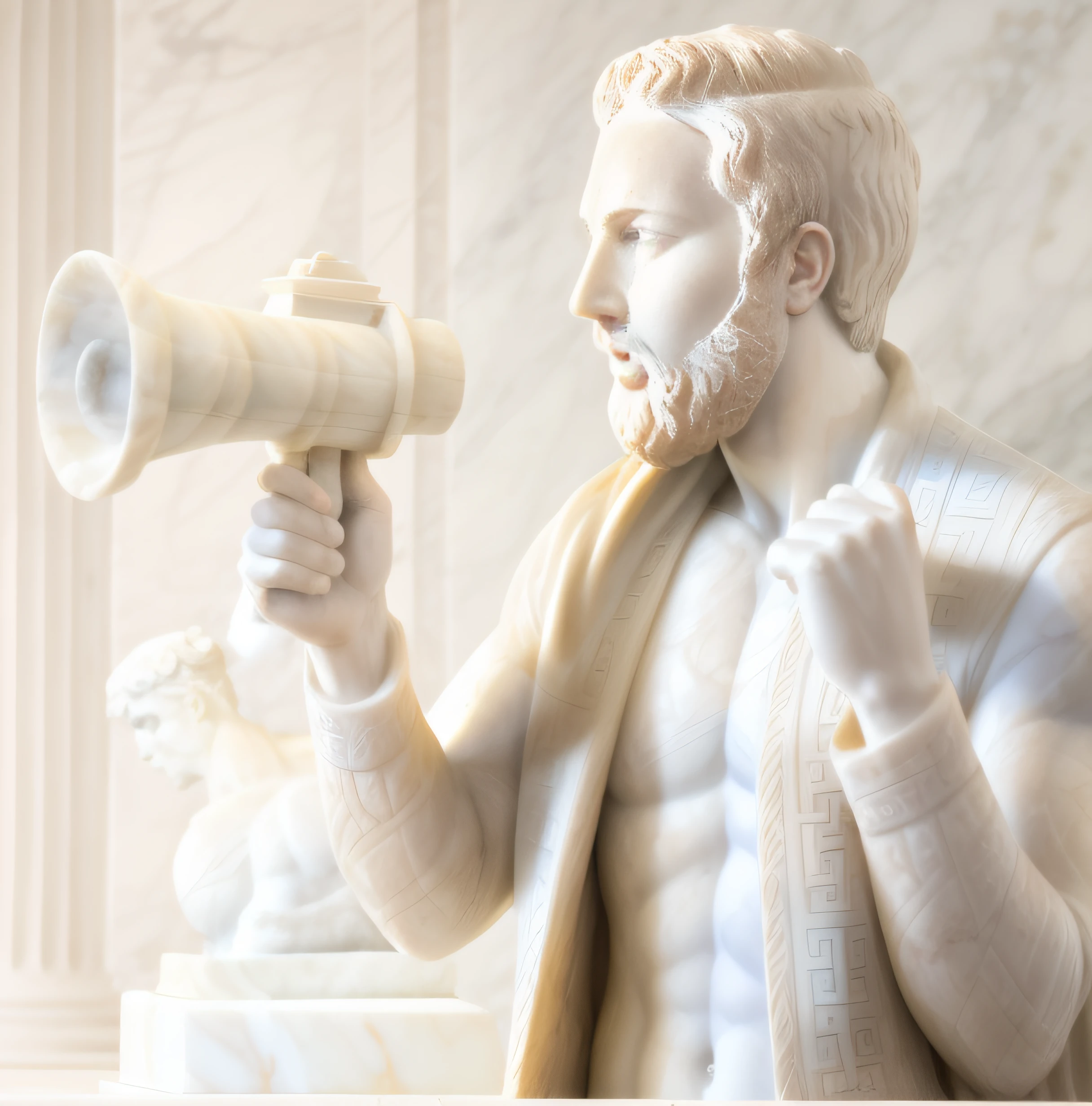 Escultura maqueta blanca de hombre gritando con un megafono, Classical antiquities, White marble model sculpture, Classic factory model sculpture, Classic marble model, Plantilla grande, (((White Greek marble statue))), ((fotorrealista)) realista, luz proveniente de arriba, modelismo, yeso, Foto de estudio.