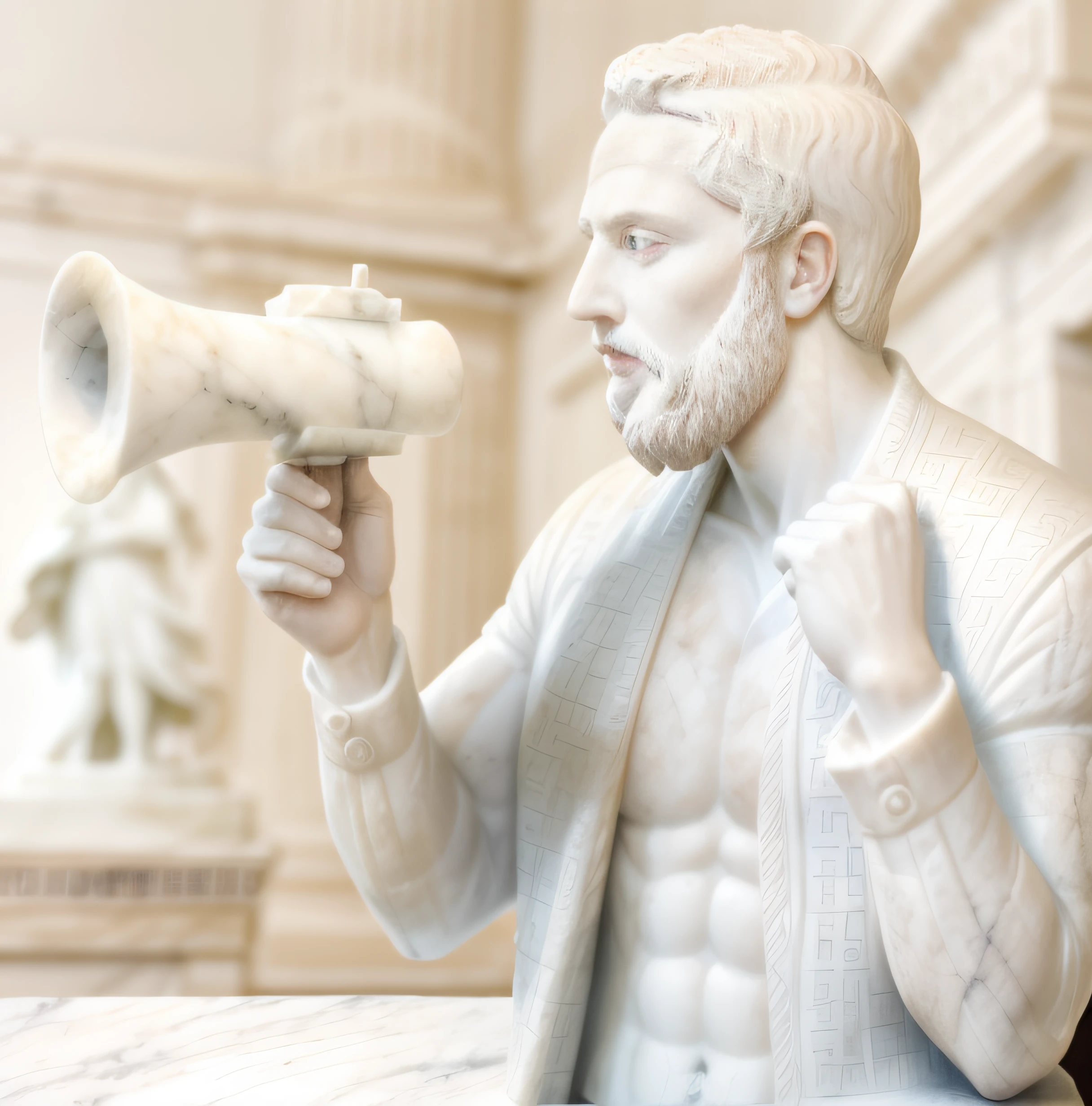 Escultura maqueta blanca de hombre gritando con un megafono, Classical antiquities, White marble model sculpture, Classic factory model sculpture, Classic marble model, Plantilla grande, (((White Greek marble statue))), ((fotorrealista)) realista, luz proveniente de arriba, modelismo, yeso, Foto de estudio.